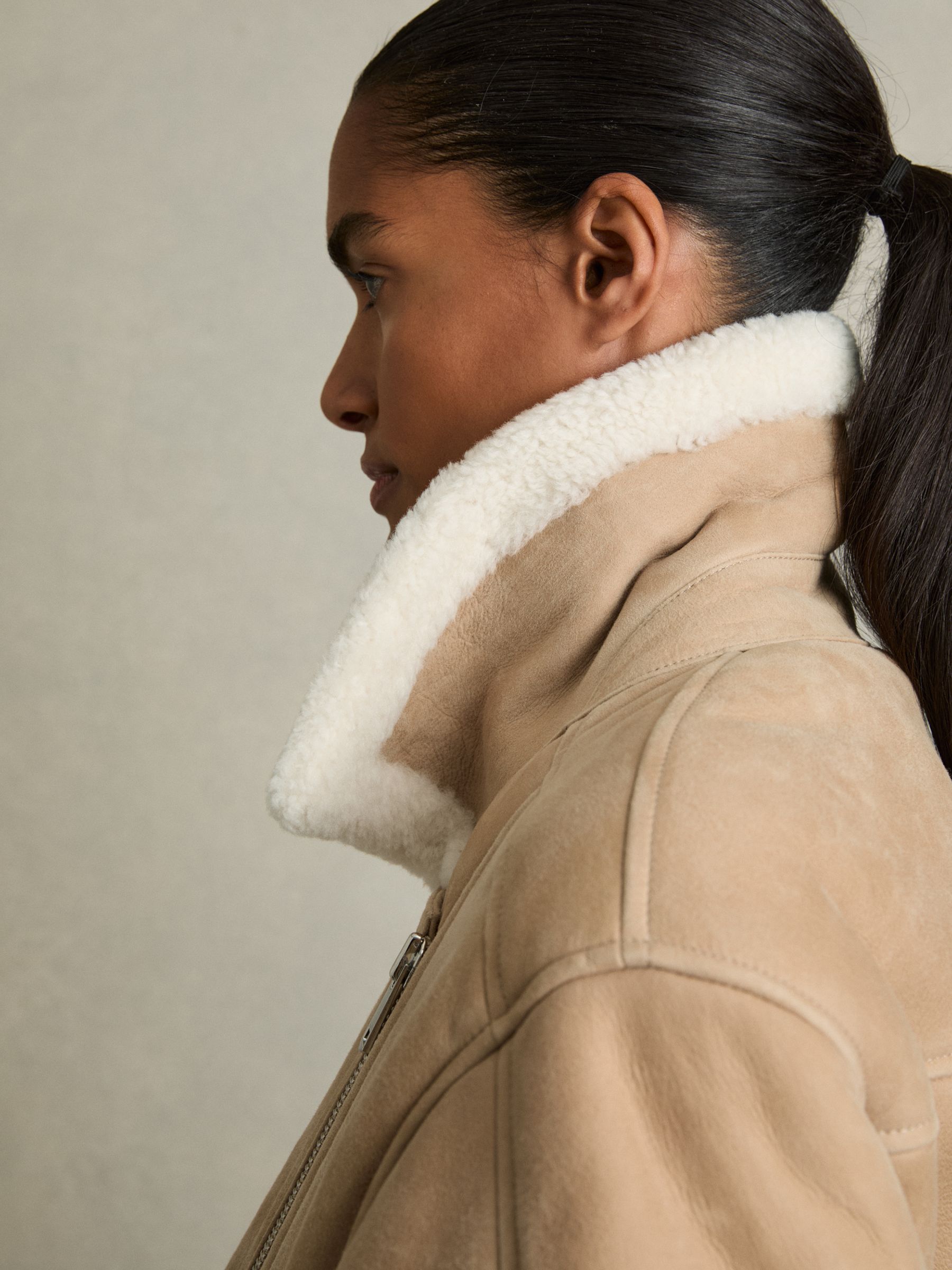 Shearling-Lined Leather Aviator Jacket in Neutral - Image 6 of 9