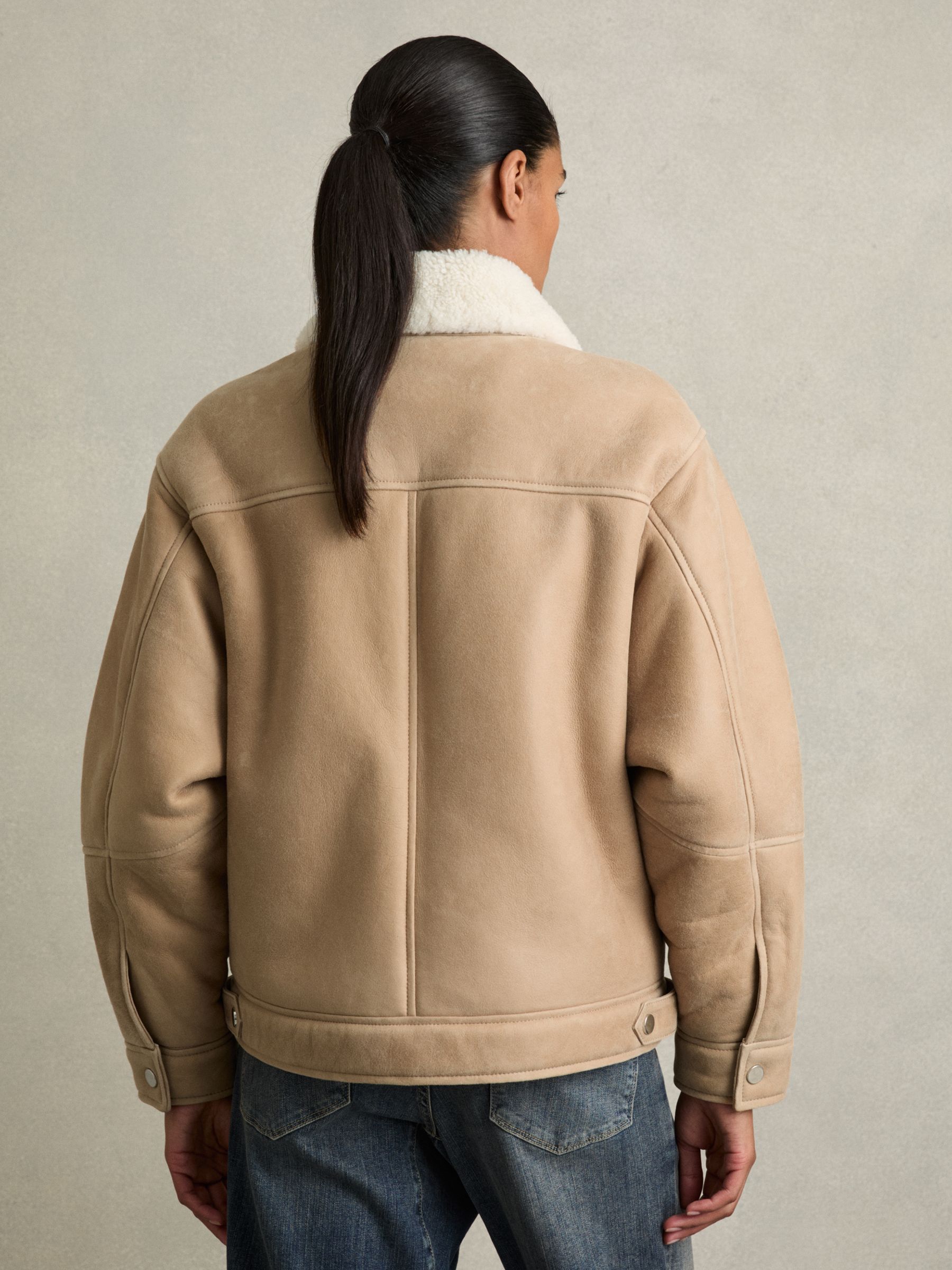 Shearling-Lined Leather Aviator Jacket in Neutral - Image 7 of 9