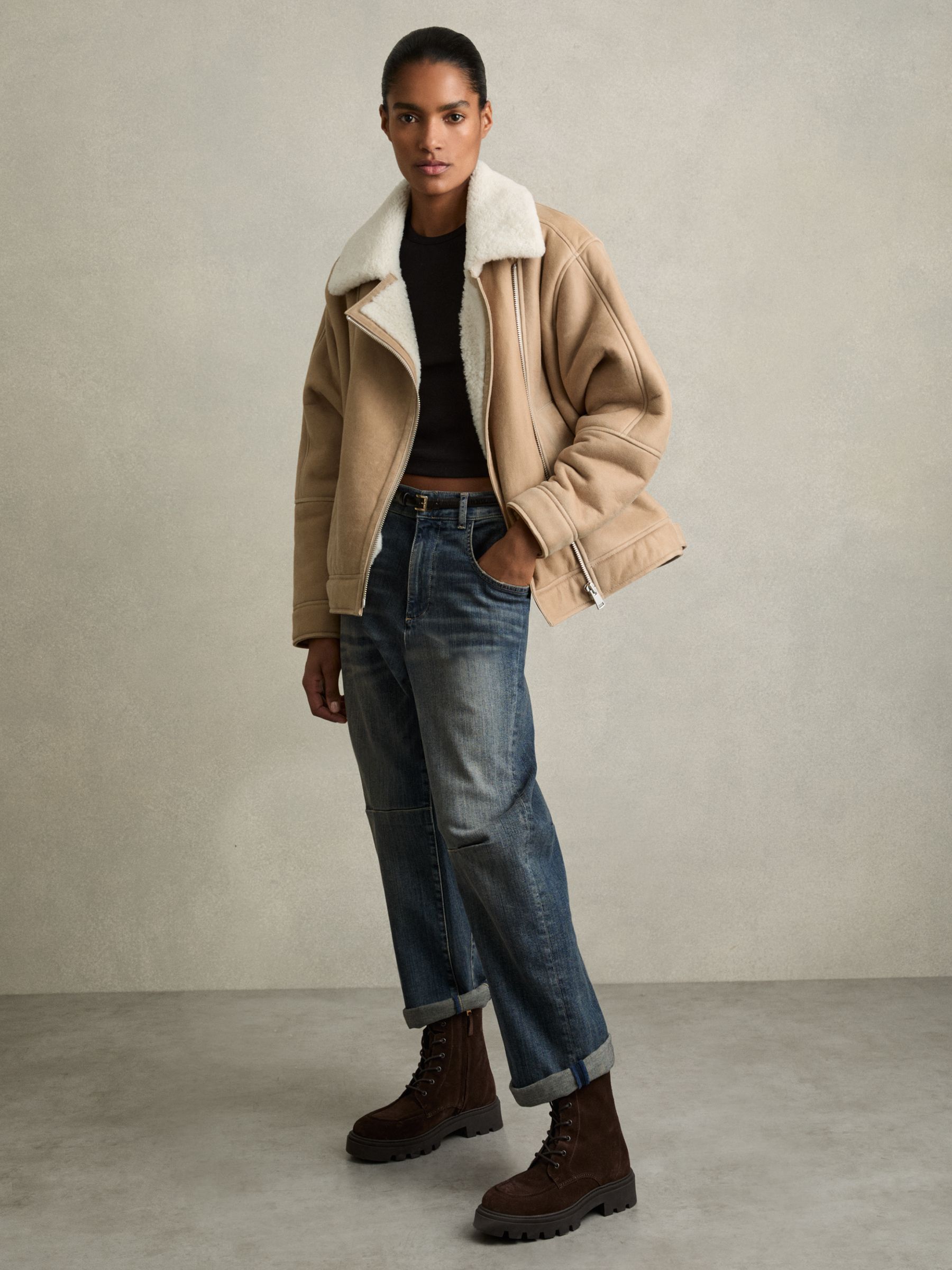Shearling-Lined Leather Aviator Jacket in Neutral - Image 8 of 9