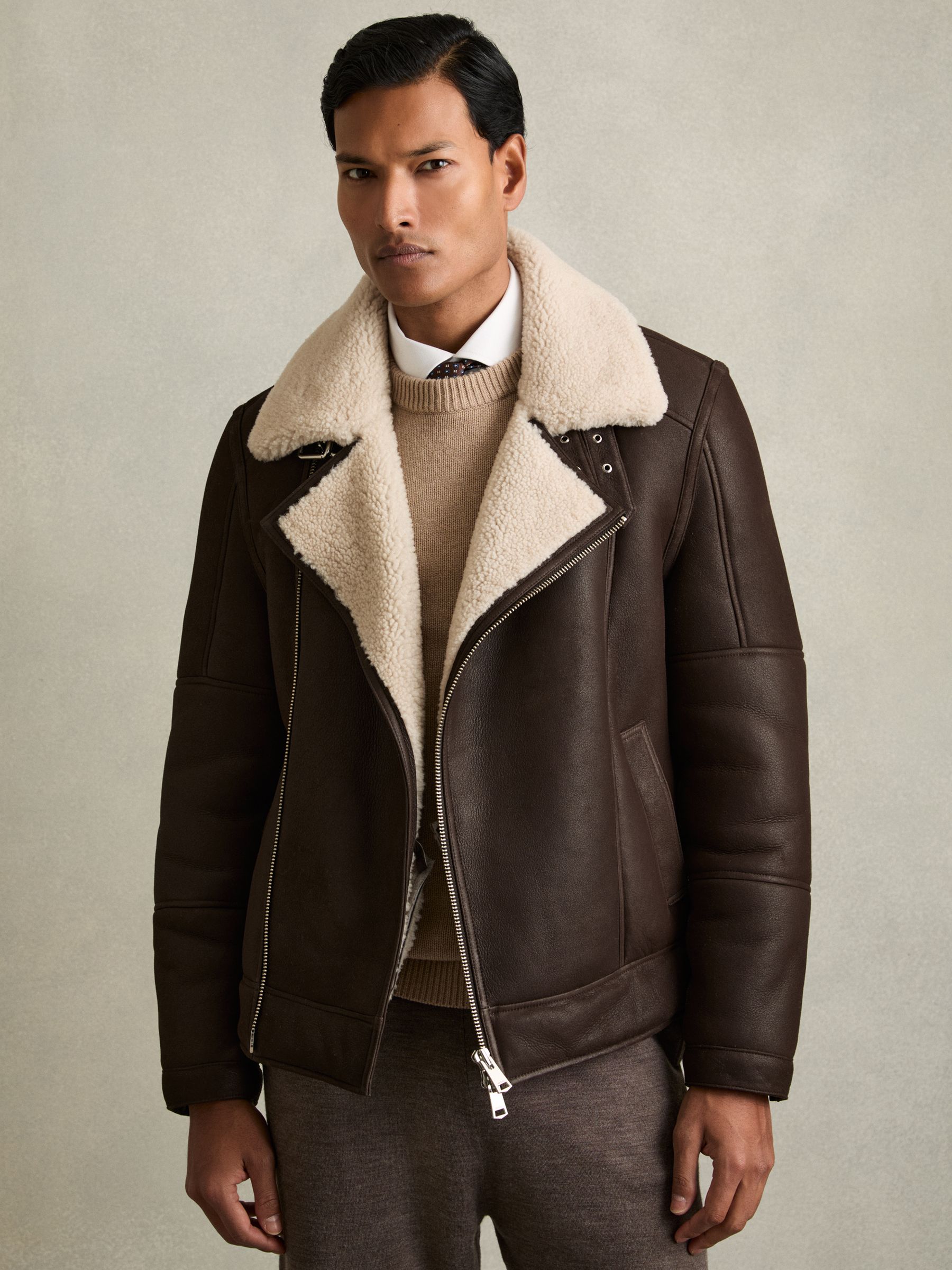 Shearling Lined Leather Aviator Jacket in Dark Brown - Image 3 of 7