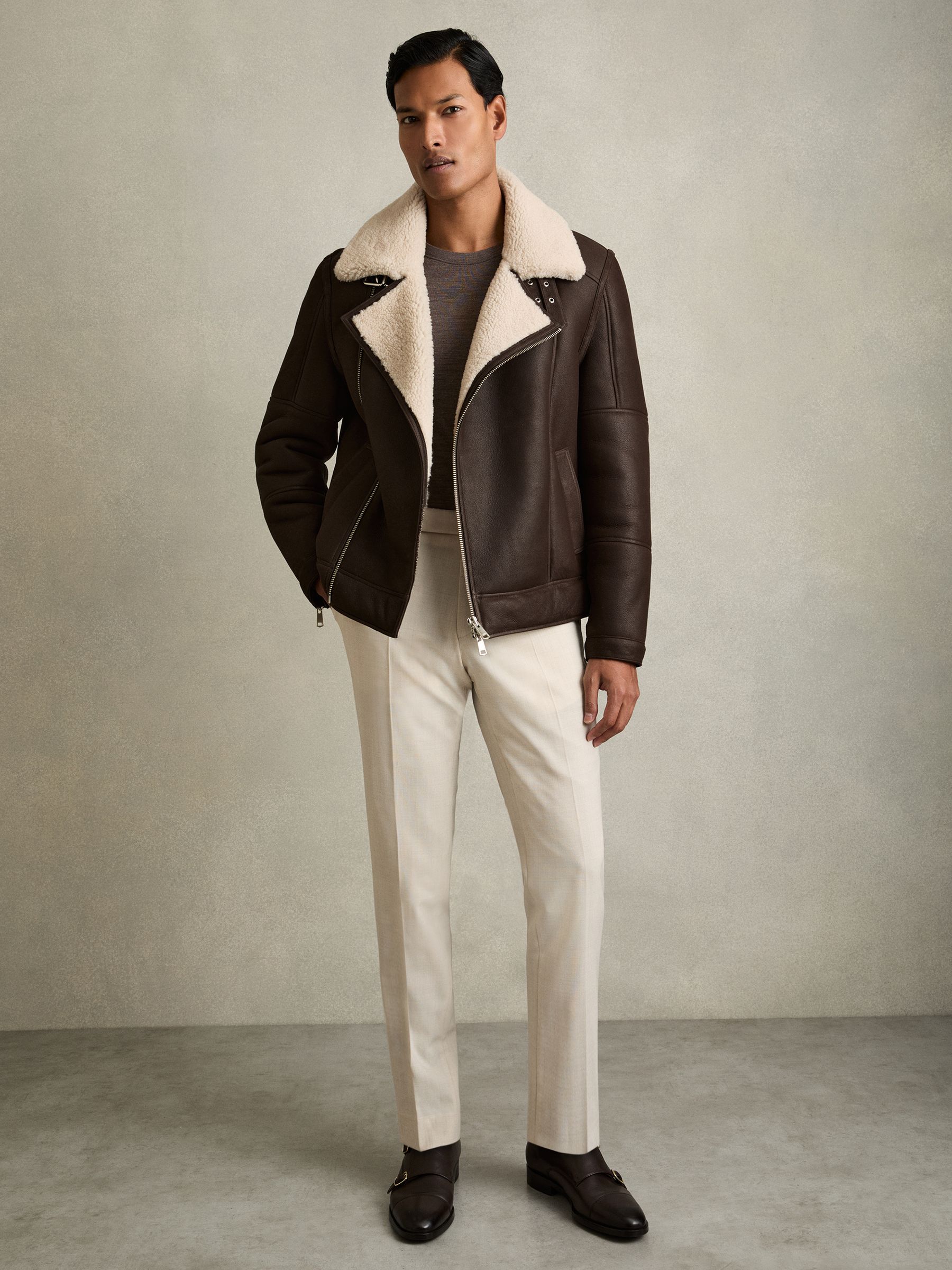 Shearling Lined Leather Aviator Jacket in Dark Brown - Image 4 of 7
