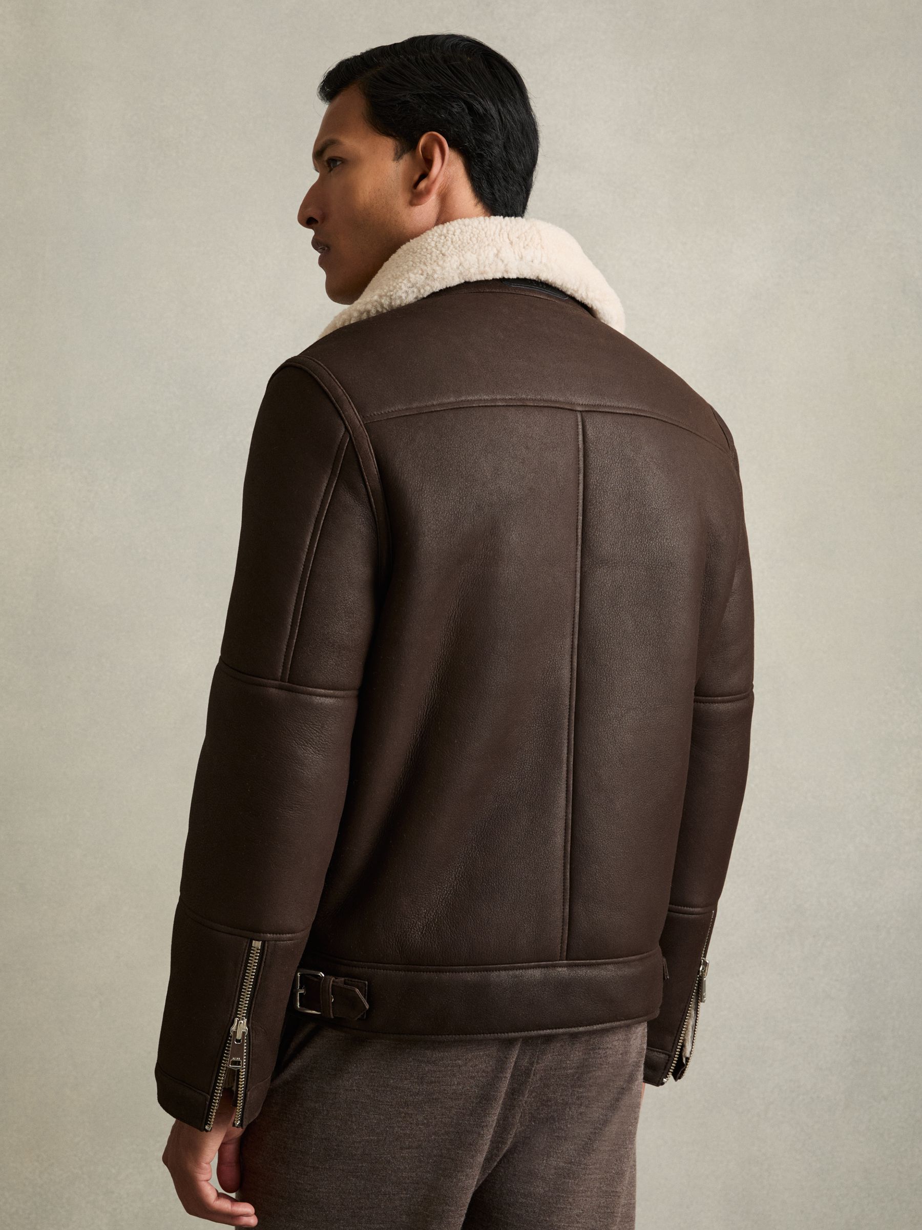 Shearling Lined Leather Aviator Jacket in Dark Brown - Image 5 of 7
