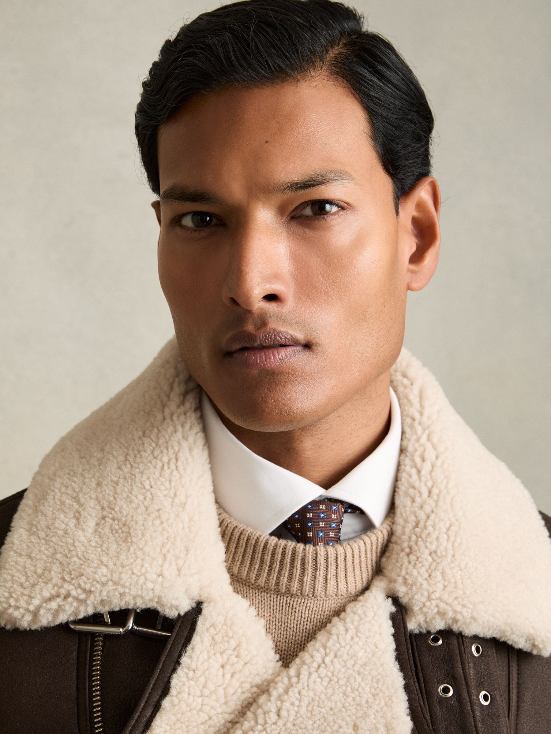 Reiss Shearling Lined Leather Aviator Jacket in Dark Brown - REISS