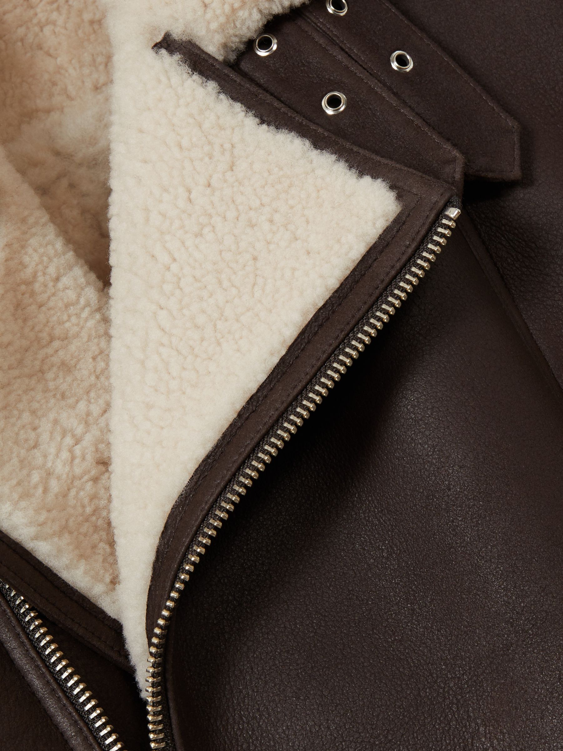 Reiss Shearling Lined Leather Aviator Jacket in Dark Brown - REISS
