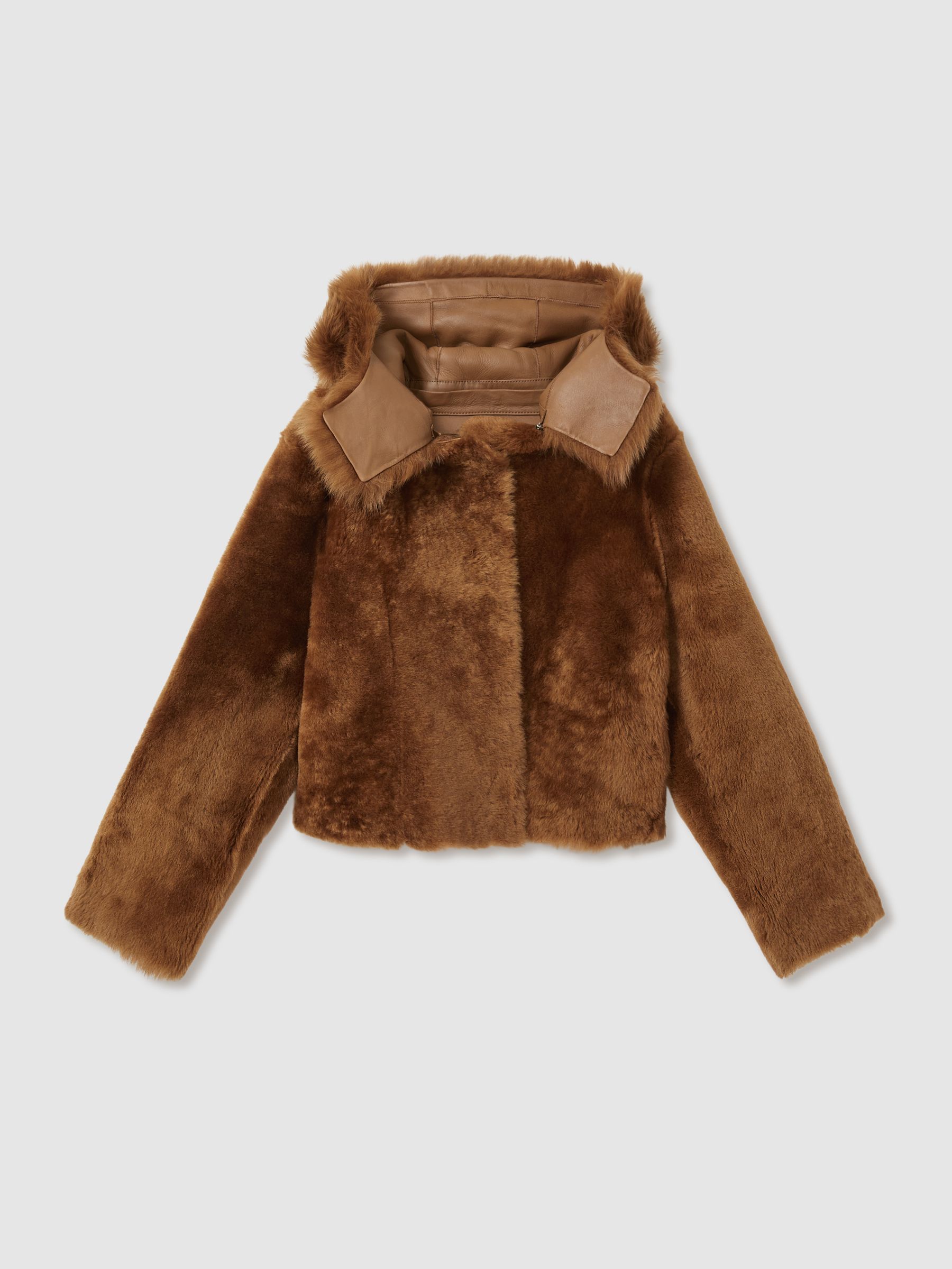 Shearling Removable Hood Jacket in Tan - Image 3 of 9