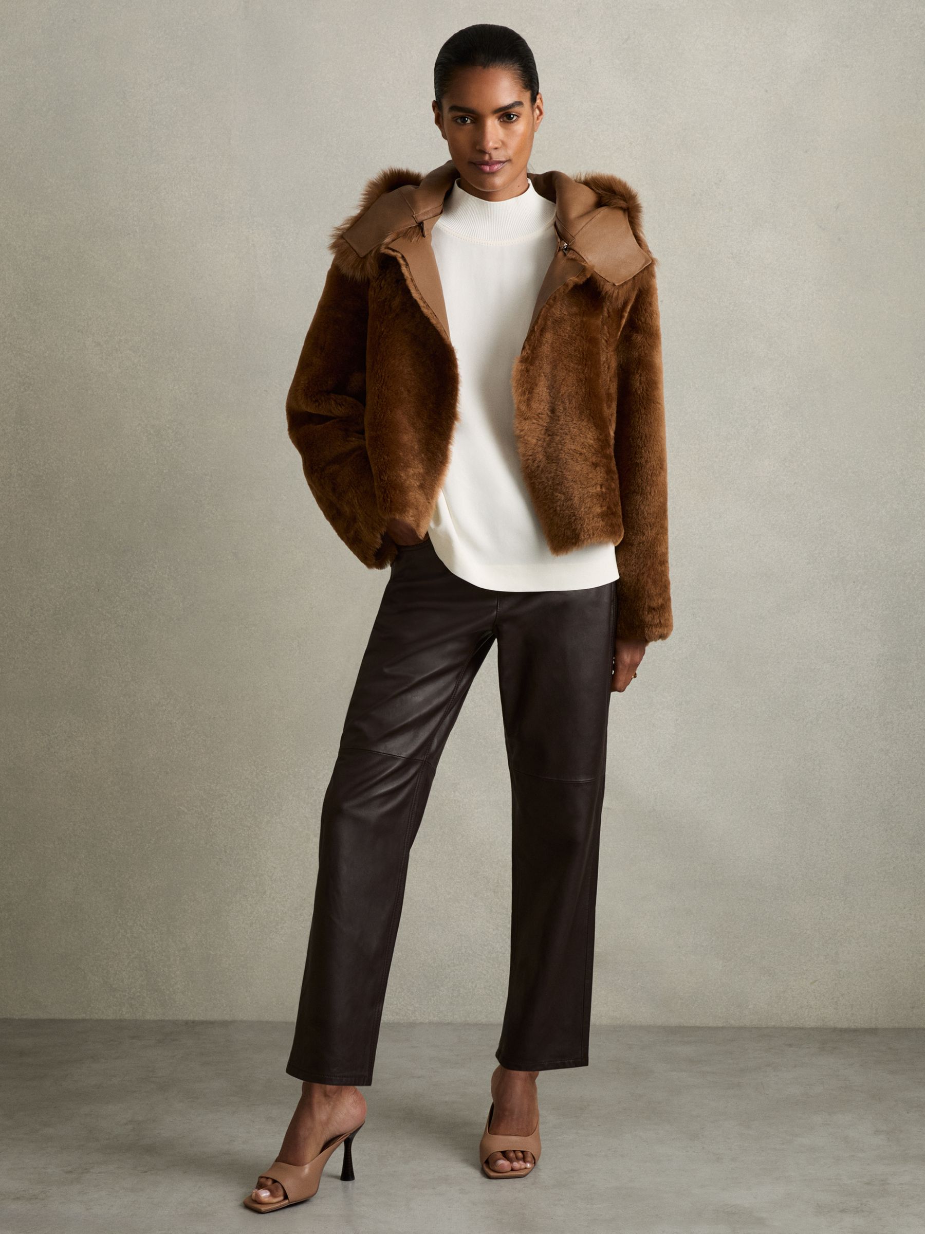 Shearling Removable Hood Jacket in Tan - Image 5 of 9