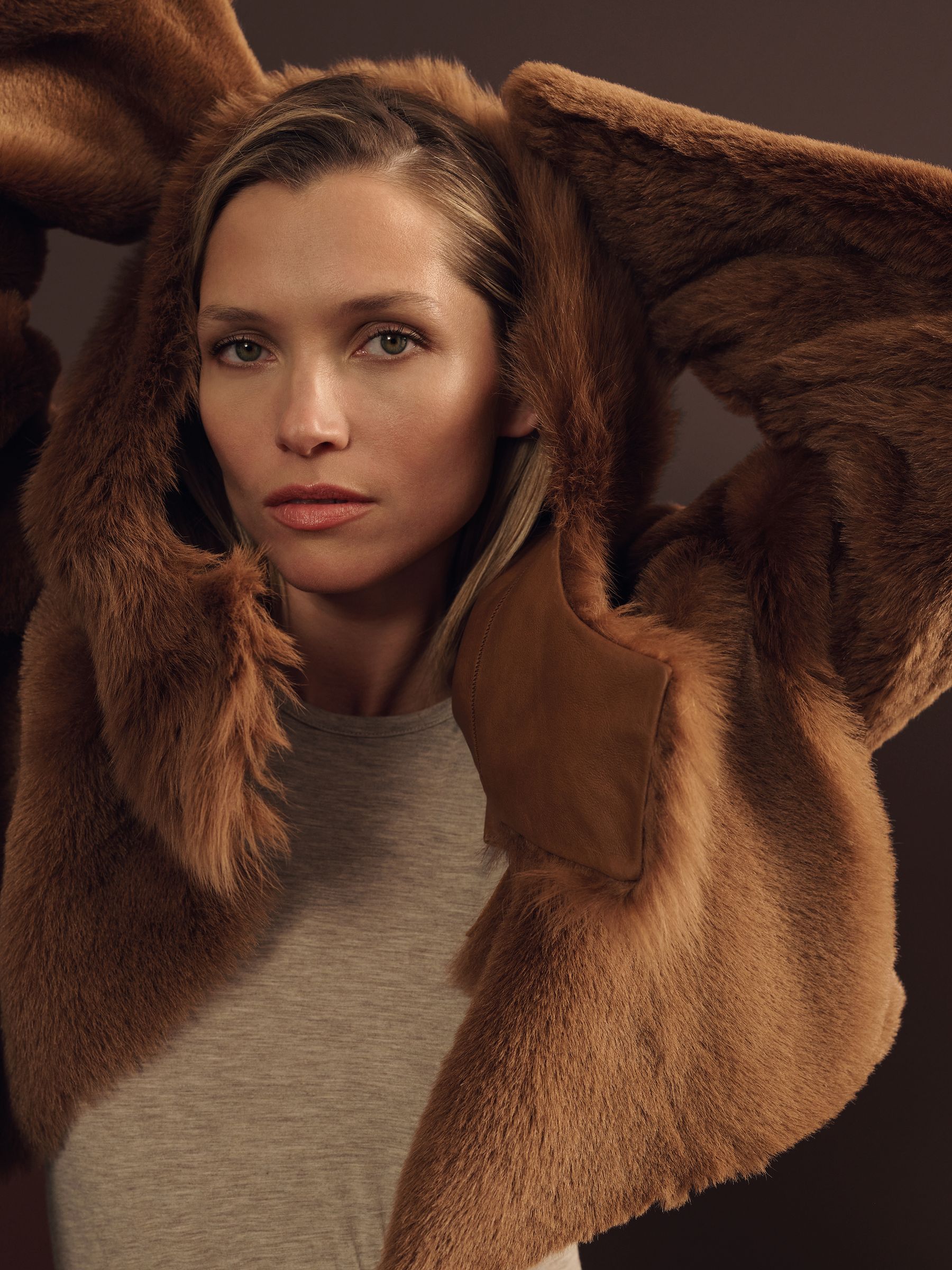 Shearling Removable Hood Jacket in Tan - Image 6 of 9