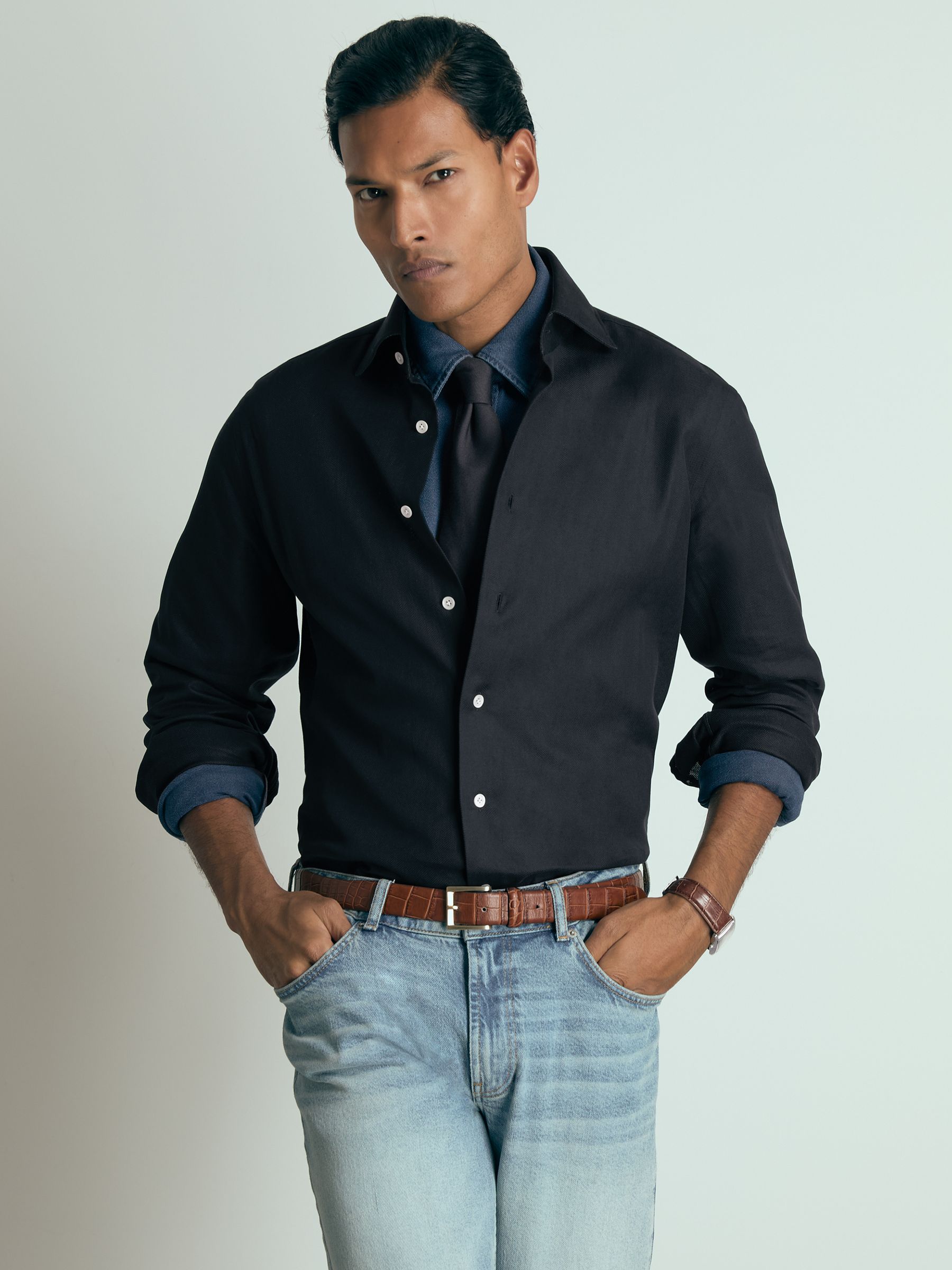 Atelier Cotton-Piqué Long-Sleeve Shirt in Navy - Image 3 of 6