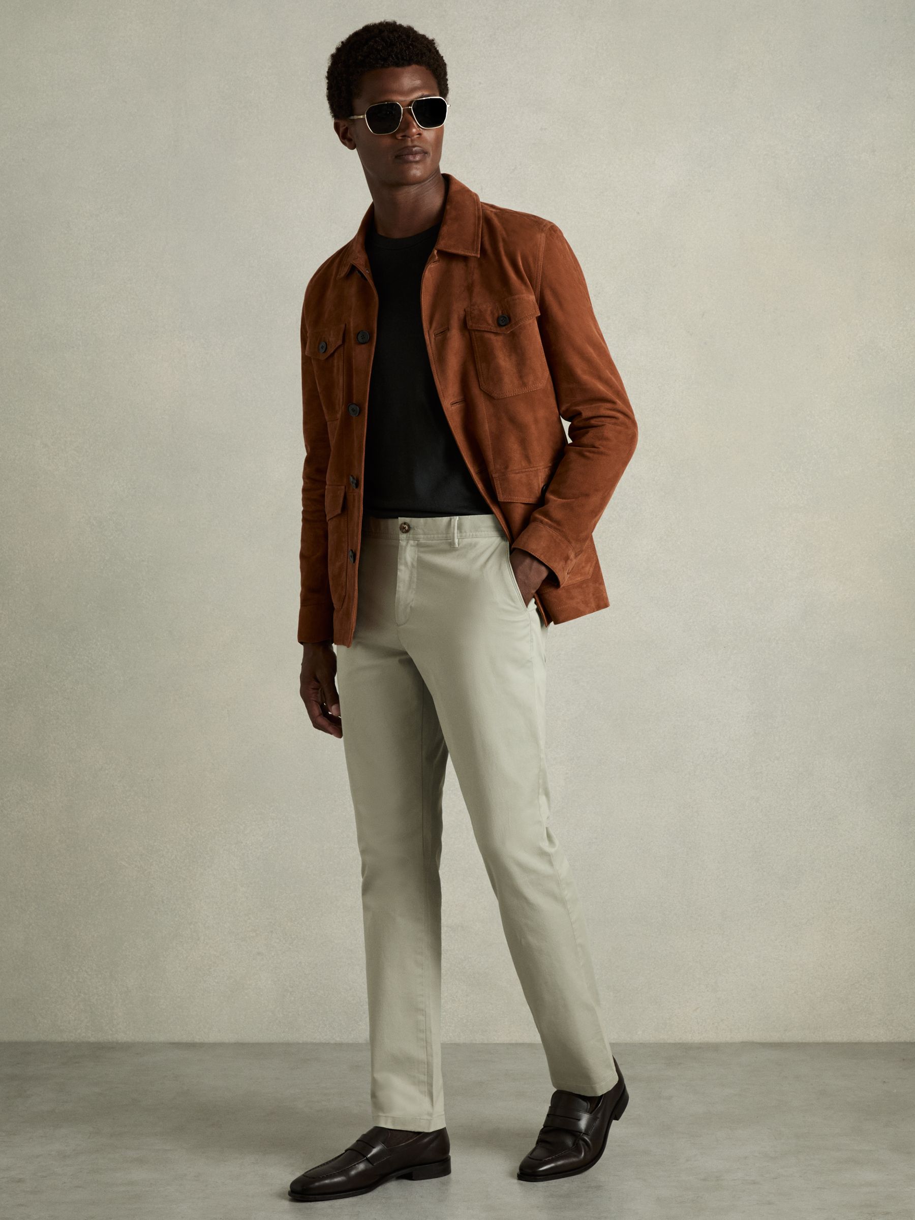 Slim Fit Washed Cotton Blend Chinos in Sage - Image 1 of 7