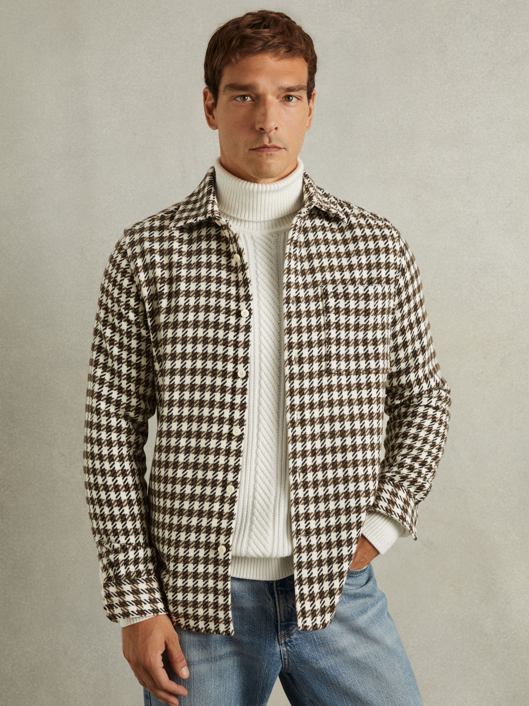 Dogtooth Overshirt with Wool in White/Brown - Image 1 of 6