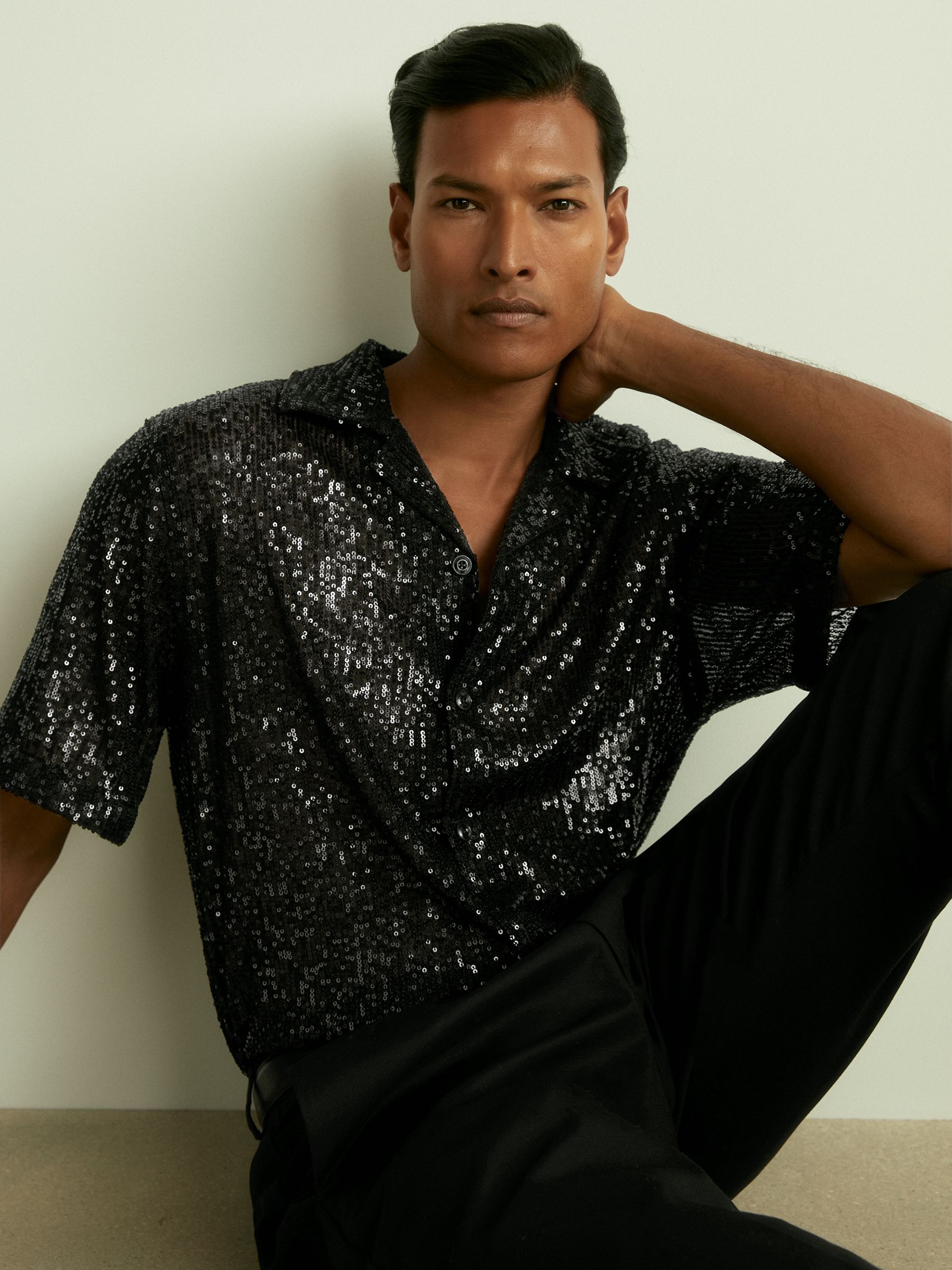 Sequinned Cuban-Collar Shirt in Black - Image 1 of 7