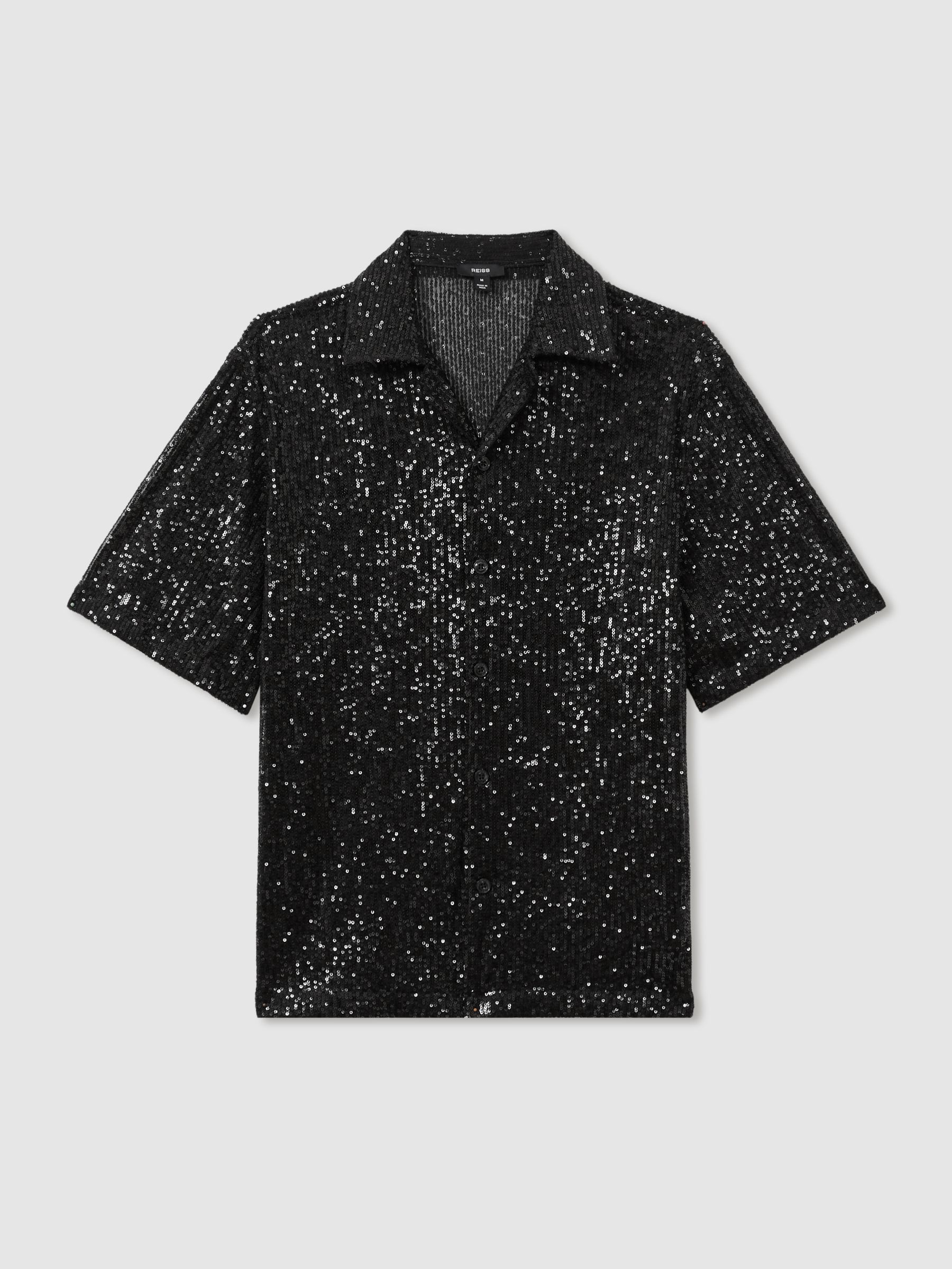 Sequinned Cuban-Collar Shirt in Black - Image 2 of 7
