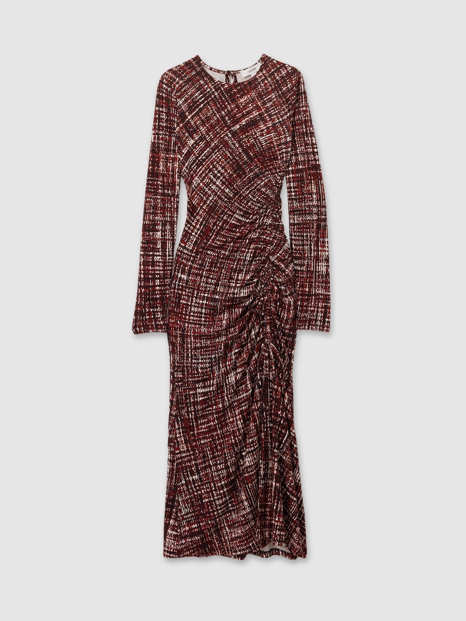 Printed Ruched Midi Dress in Red - Image 2 of 5