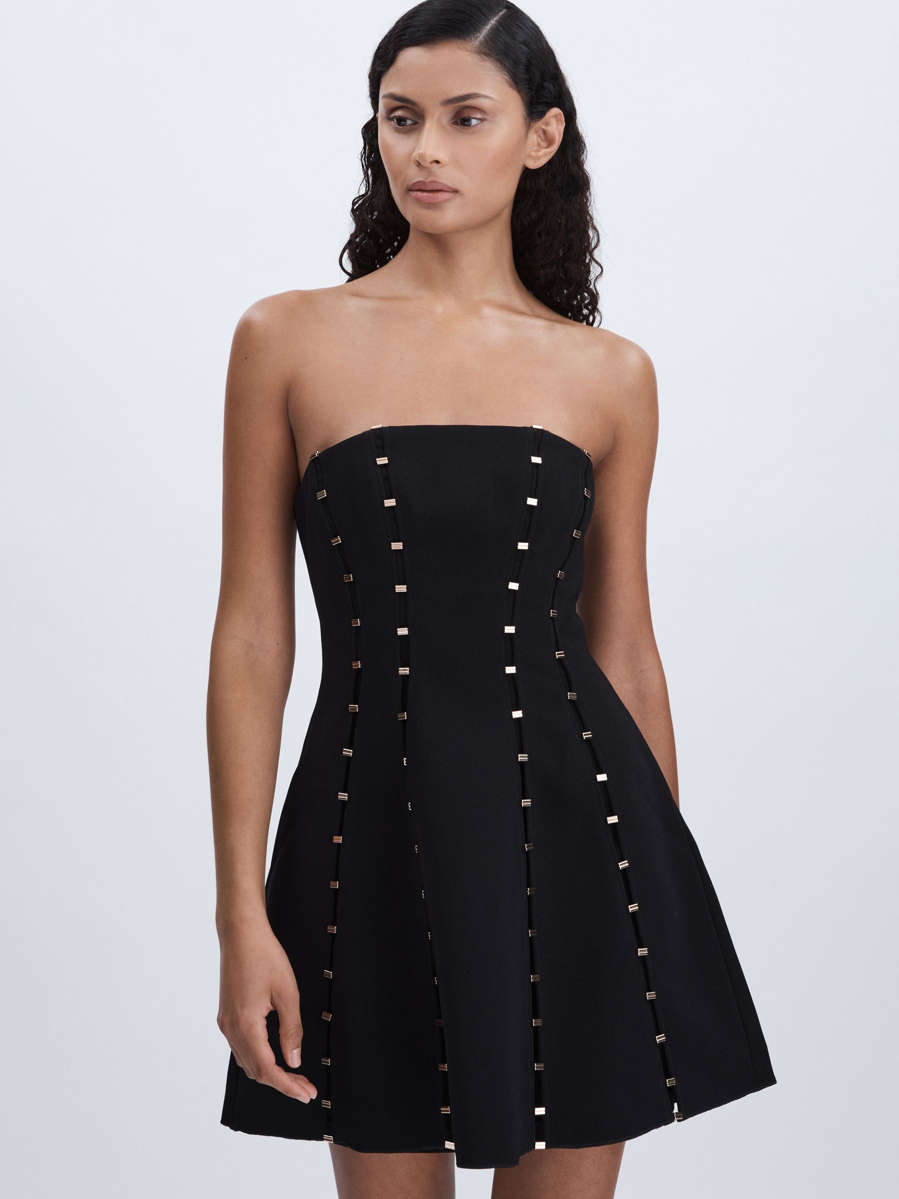 Acler Strapless Crepe Bar-Seam Black Mini Dress in Black - Image 3 of 7