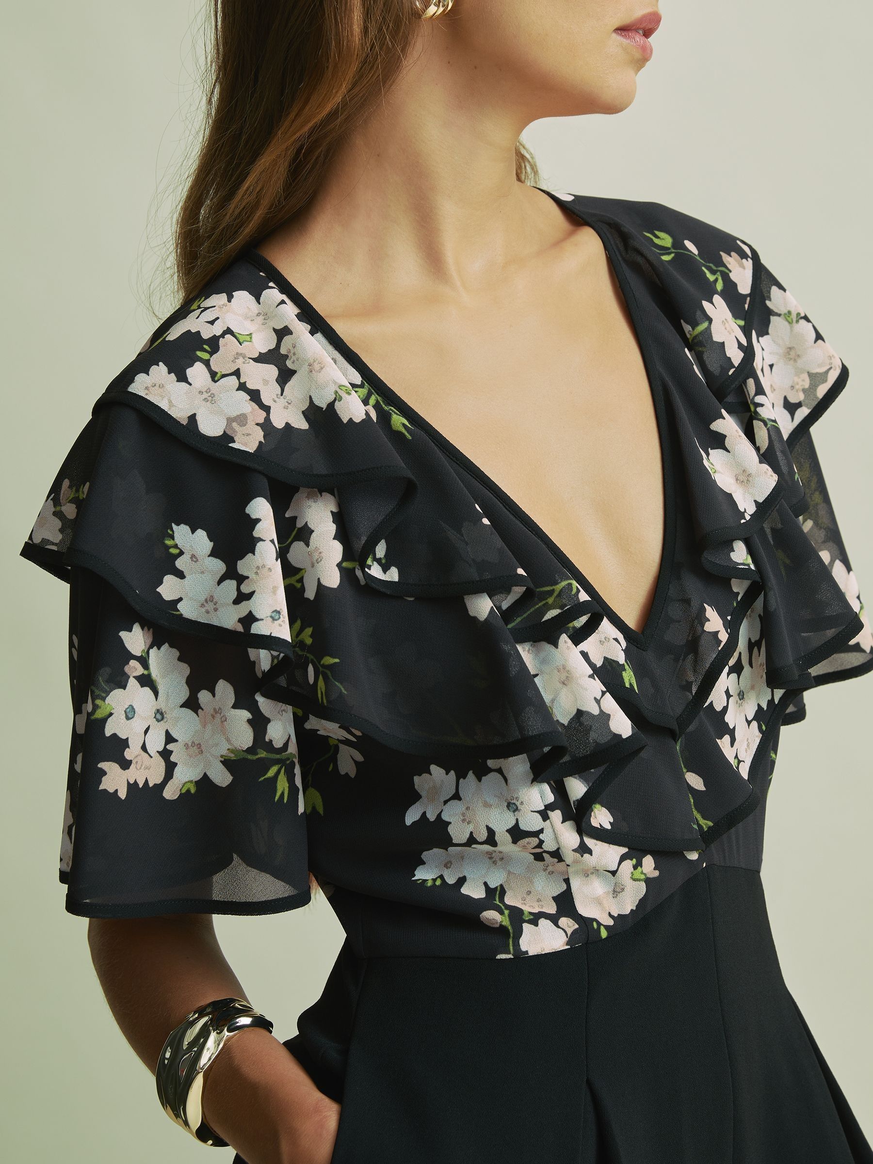 Florere Frill Sleeve Wide Leg Black Jumpsuit in Black - Image 3 of 7