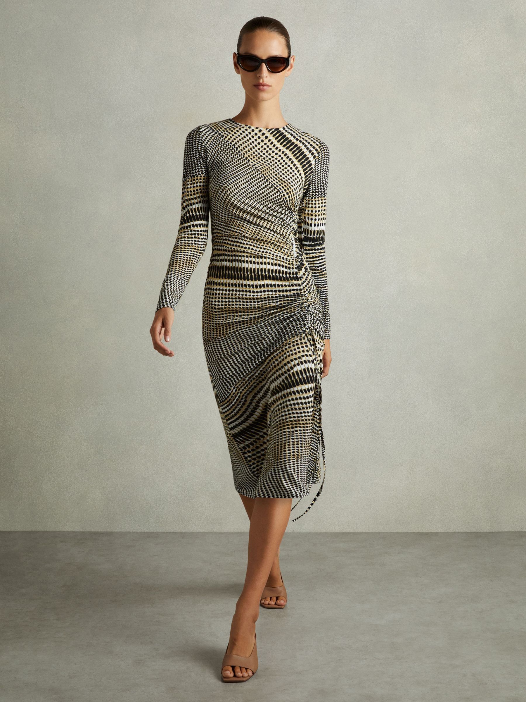 Printed Ruched Midi Dress in Black/Olive - Image 1 of 7
