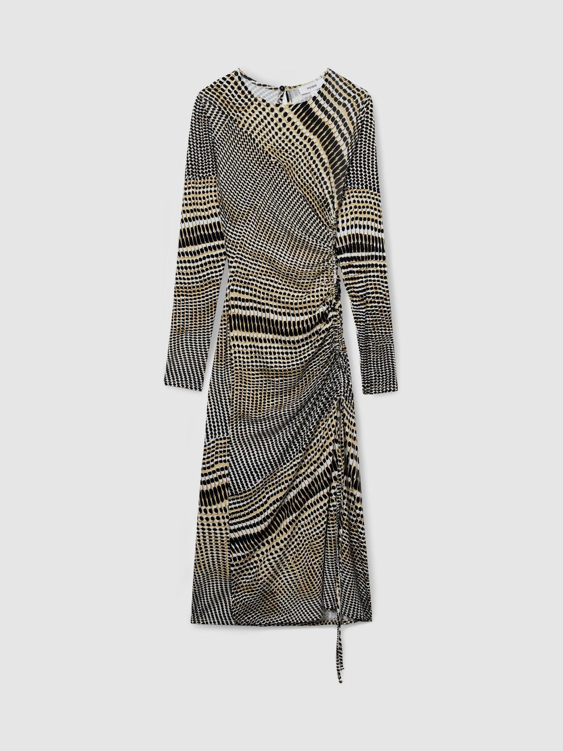 Printed Ruched Midi Dress in Black/Olive - Image 2 of 7