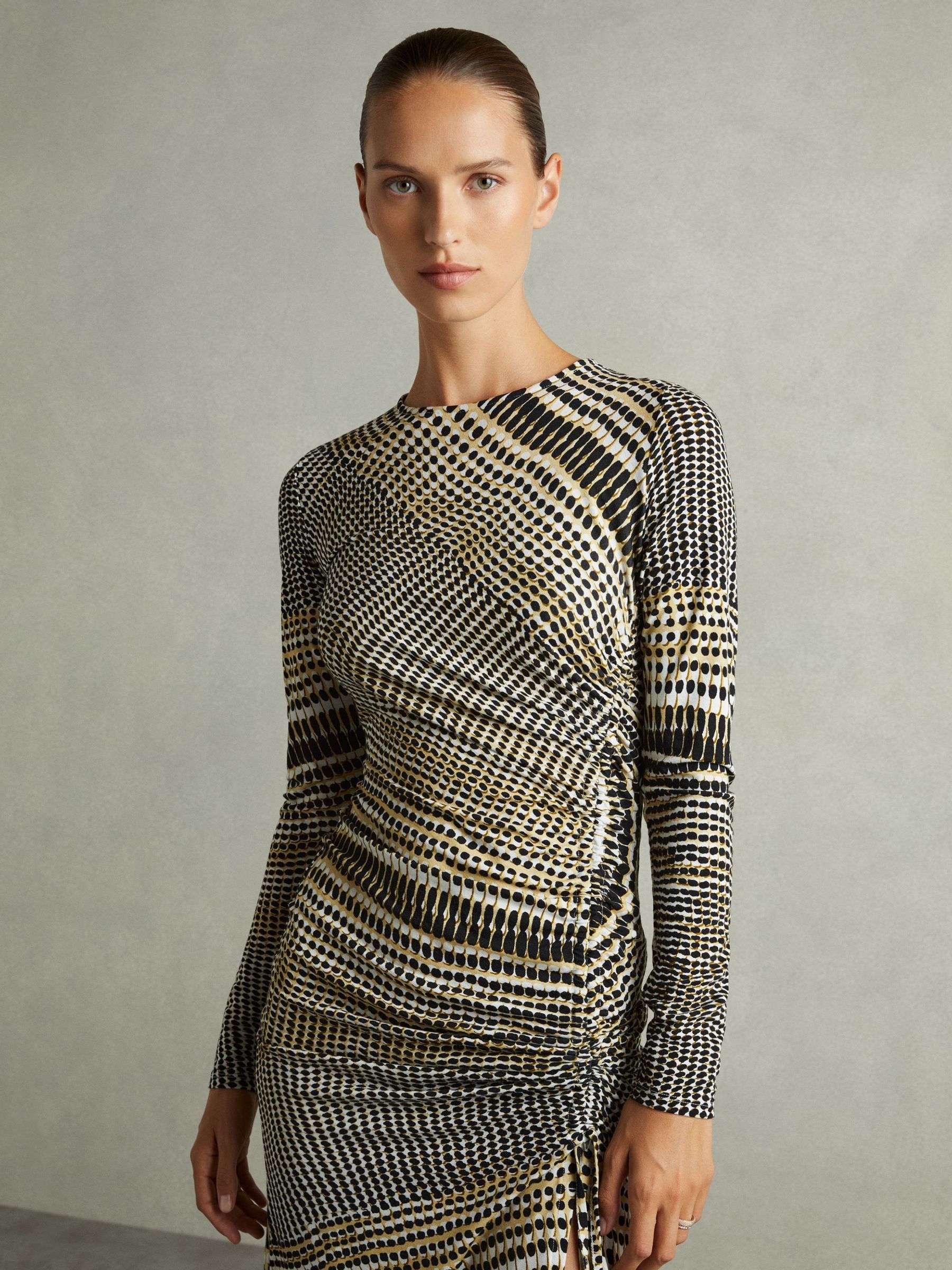 Printed Ruched Midi Dress in Black/Olive - Image 3 of 7