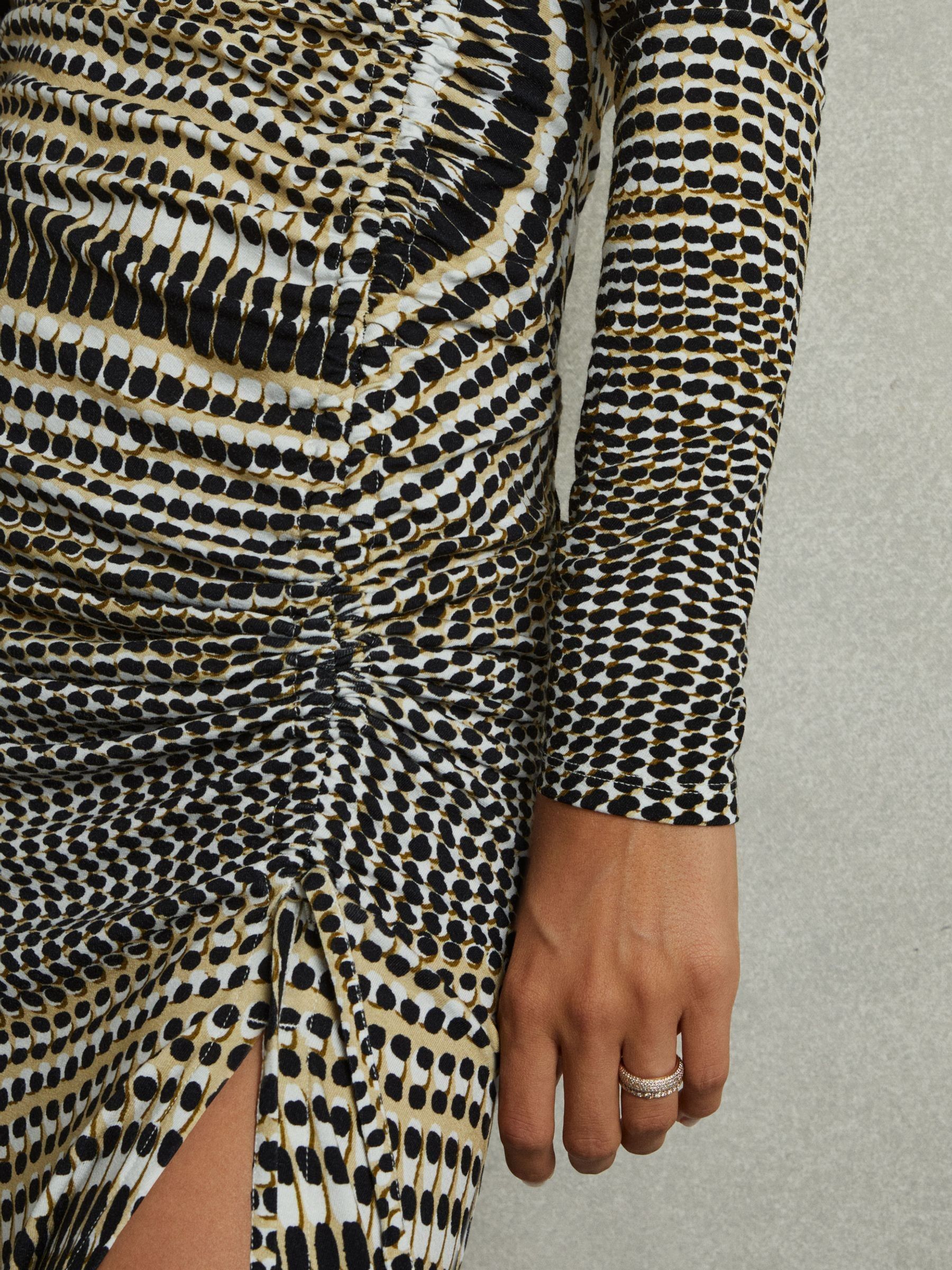Printed Ruched Midi Dress in Black/Olive - Image 4 of 7