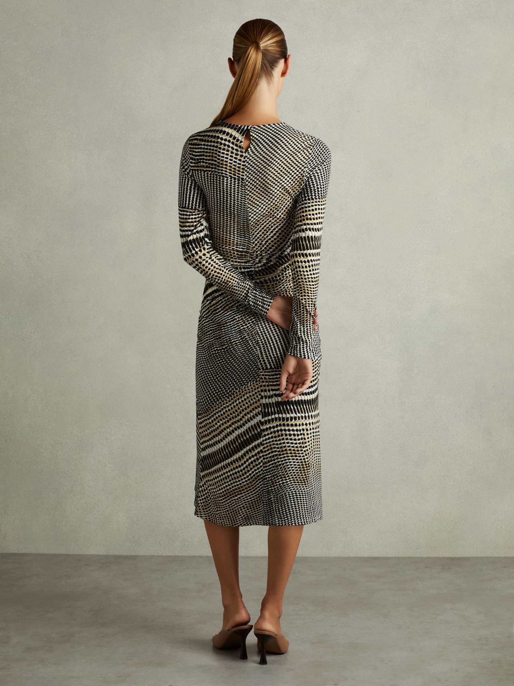 Printed Ruched Midi Dress in Black/Olive - Image 5 of 7