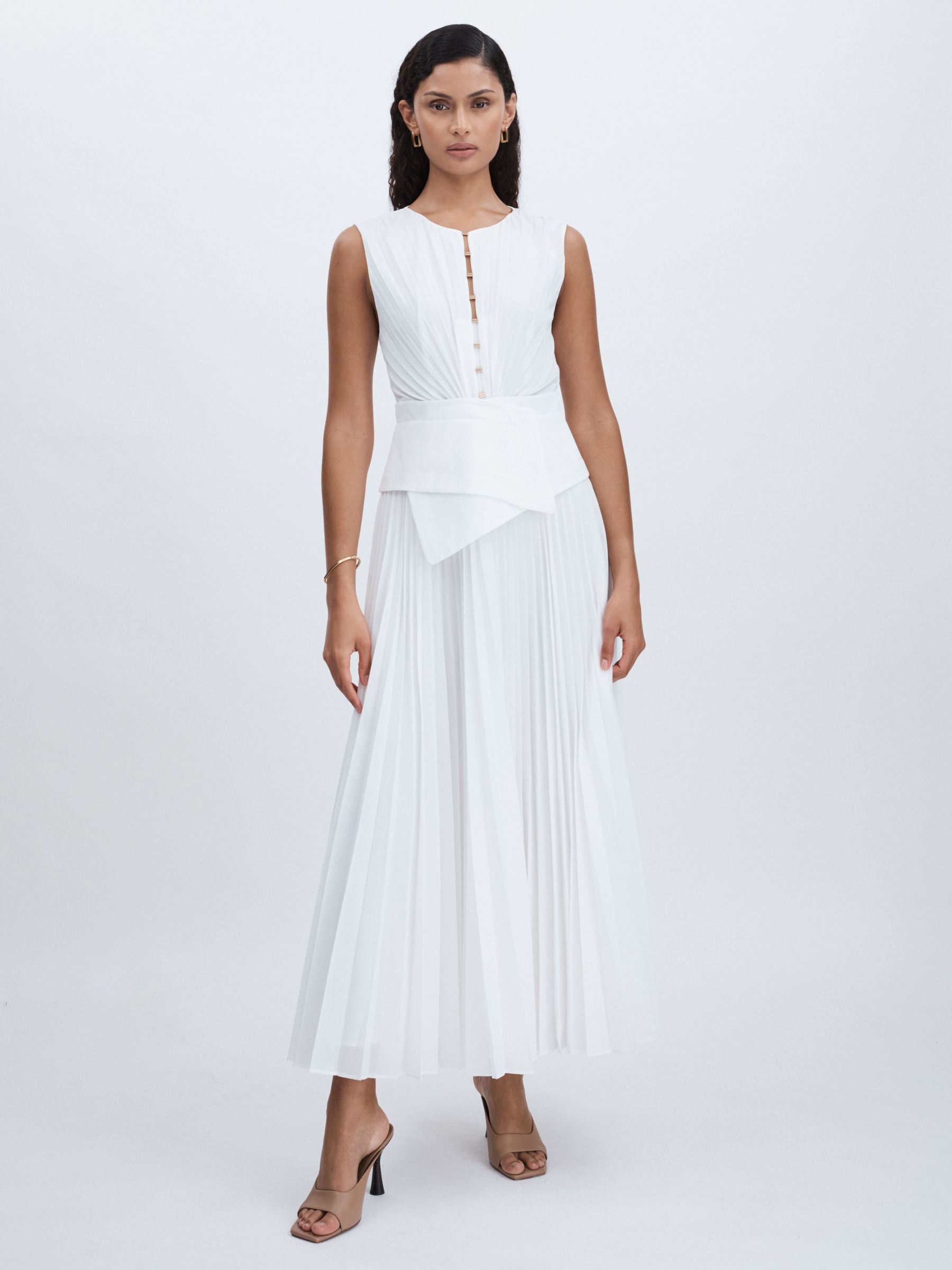Acler Pleated Waist Panel Midi Dress in Ivory - Image 1 of 5