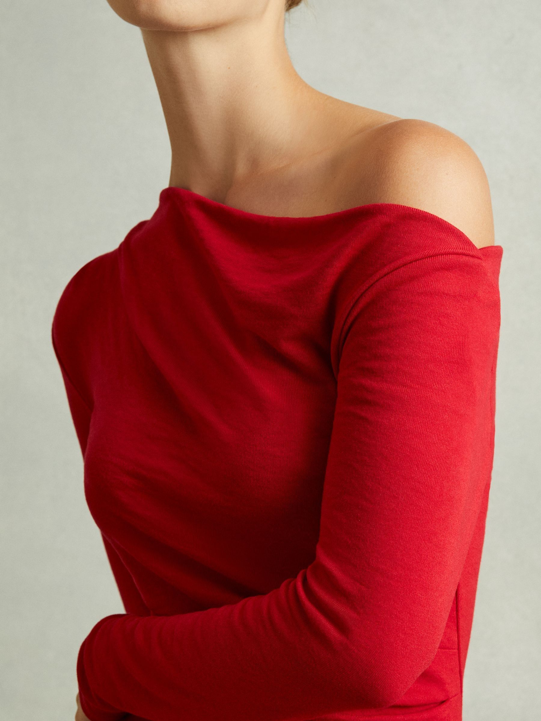 Off-The-Shoulder Jersey Midi Dress in Red - Image 4 of 6