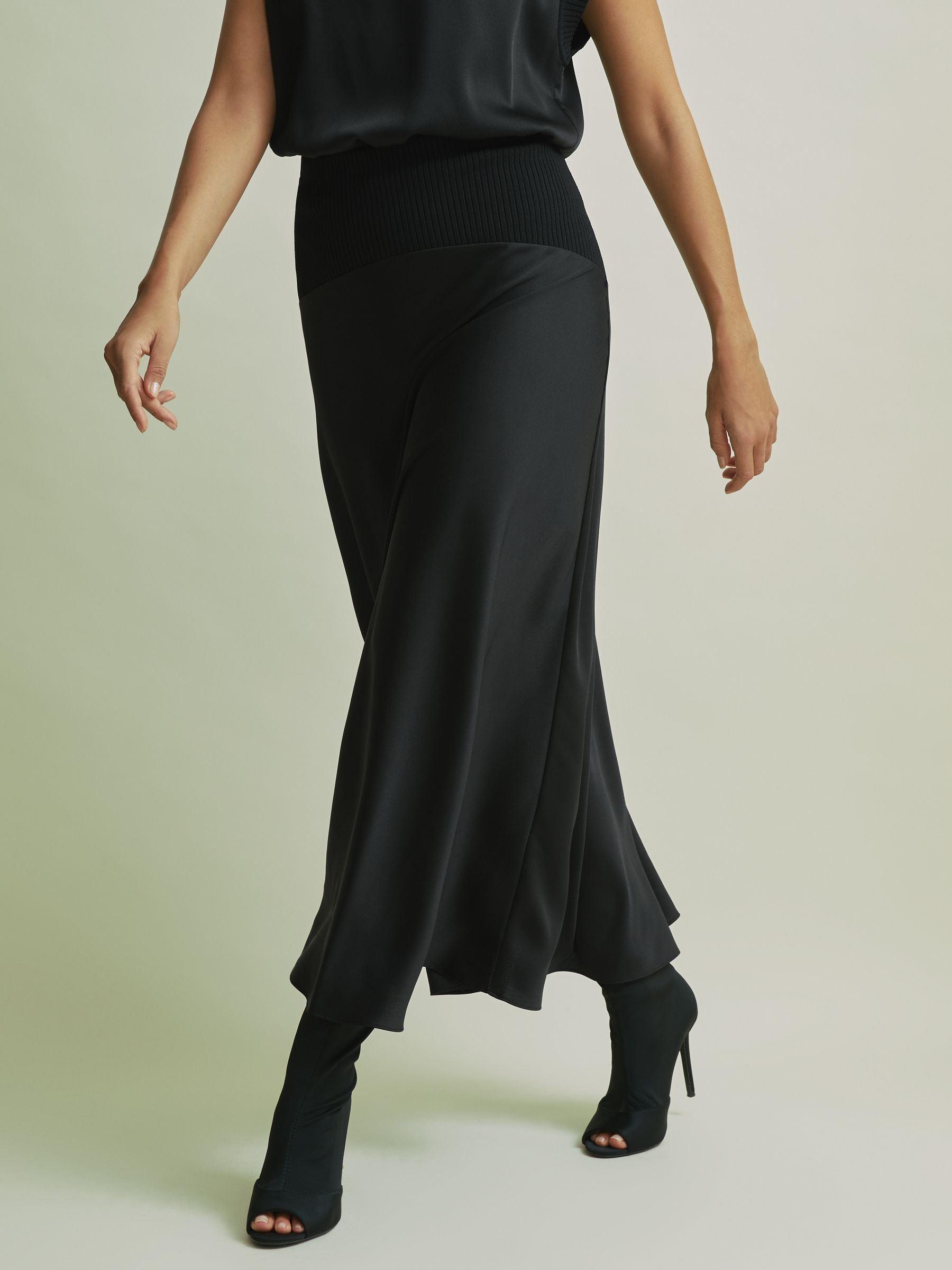 Florere Hybrid Satin Midi Black Skirt in Black - Image 1 of 6