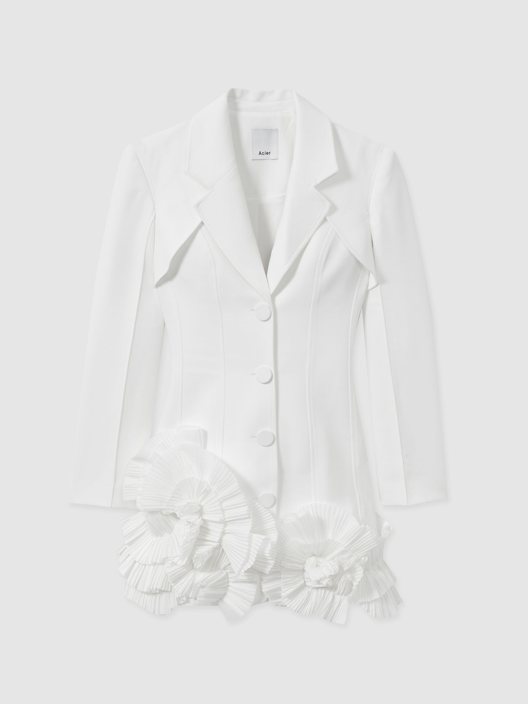 elegant white tailored blazer dress with ruffle detail Miss Circle Delia White Blazer Dress with Pleated Detail XXS