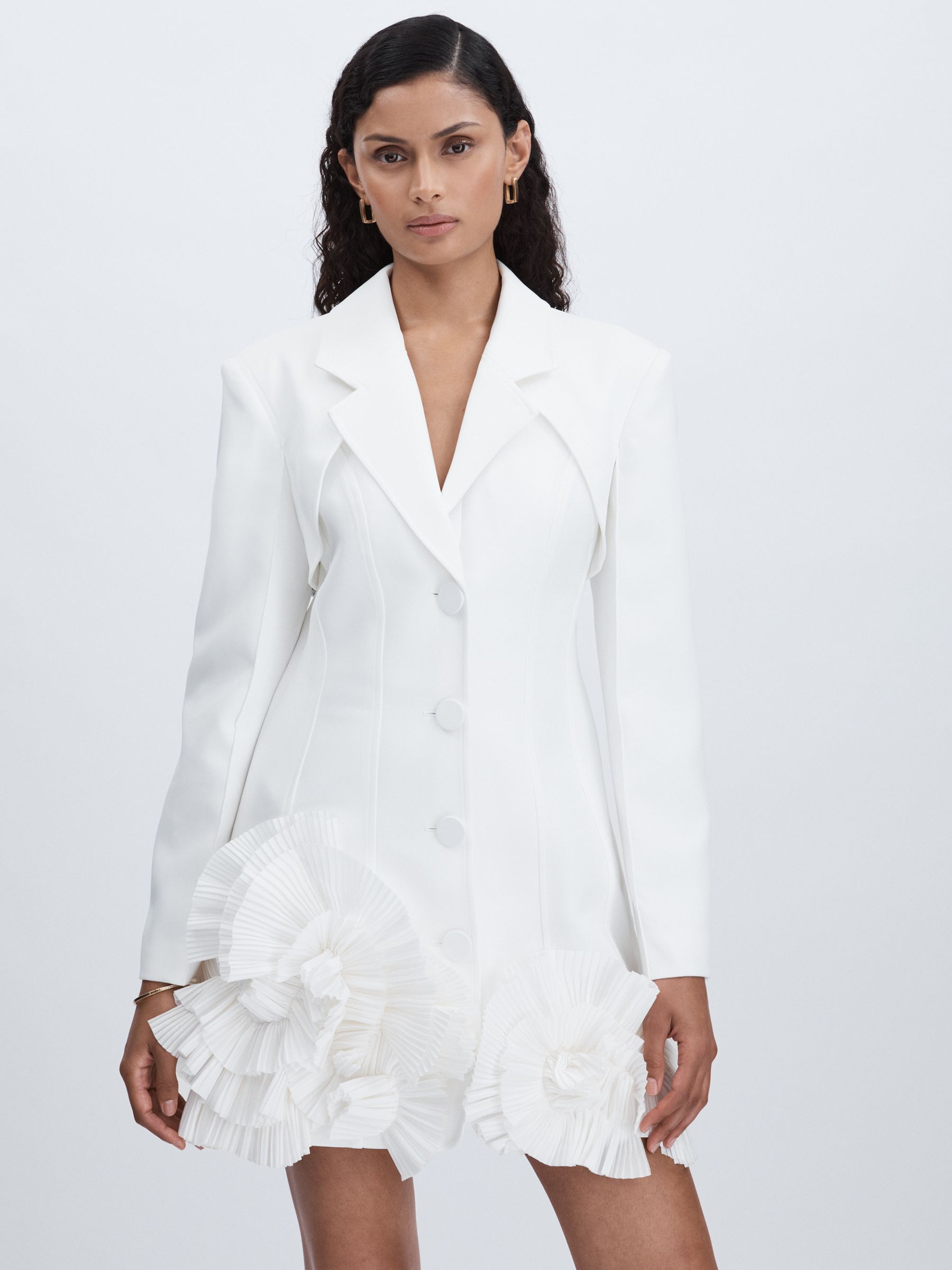 elegant white tailored blazer dress with ruffle detail Prized White Tailored Blazer Dress With Black Bow – Club L London main image 0