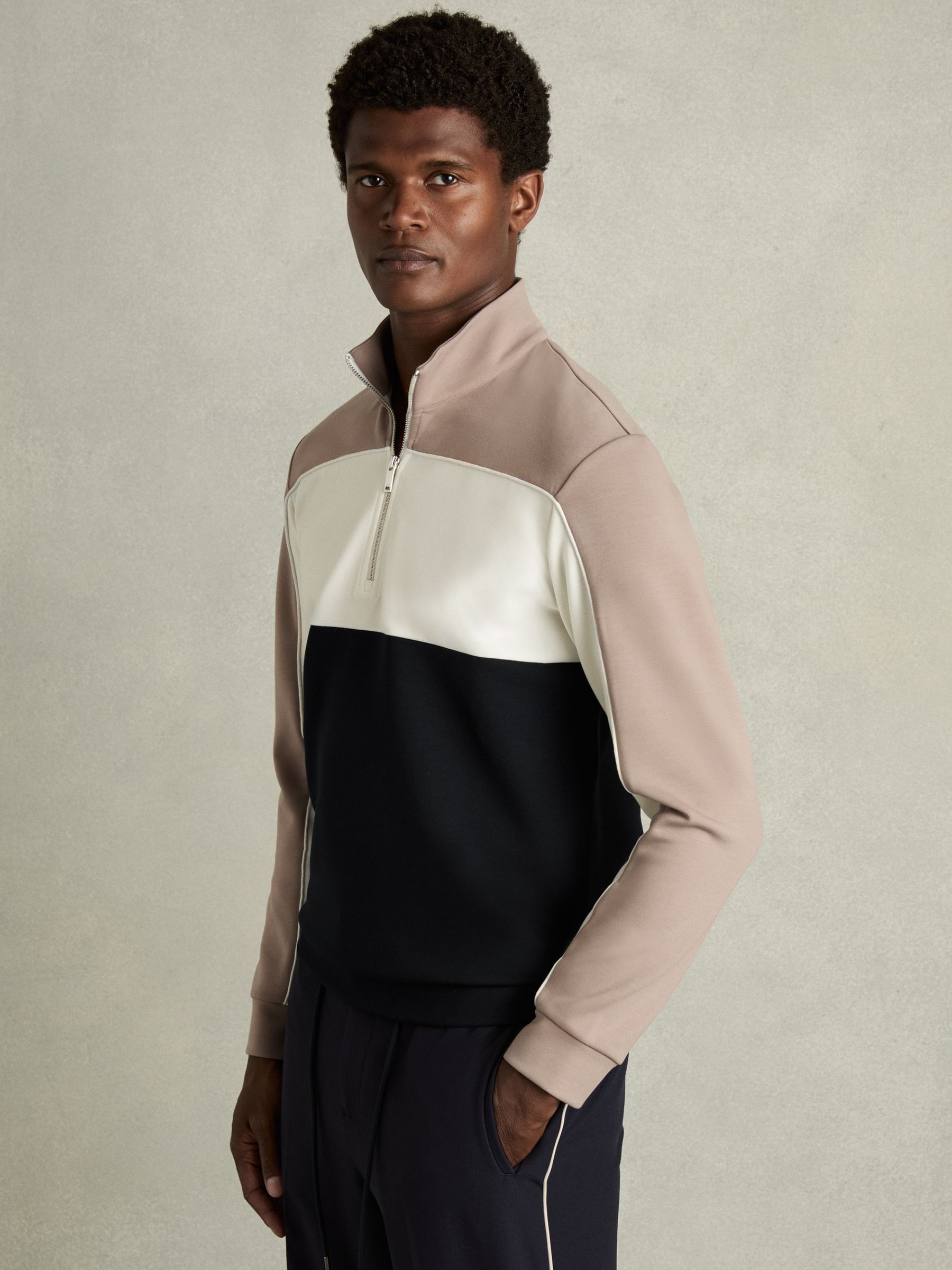 Interlock Colour-Block Half-Zip Sweatshirt in Navy/Taupe - Image 1 of 6
