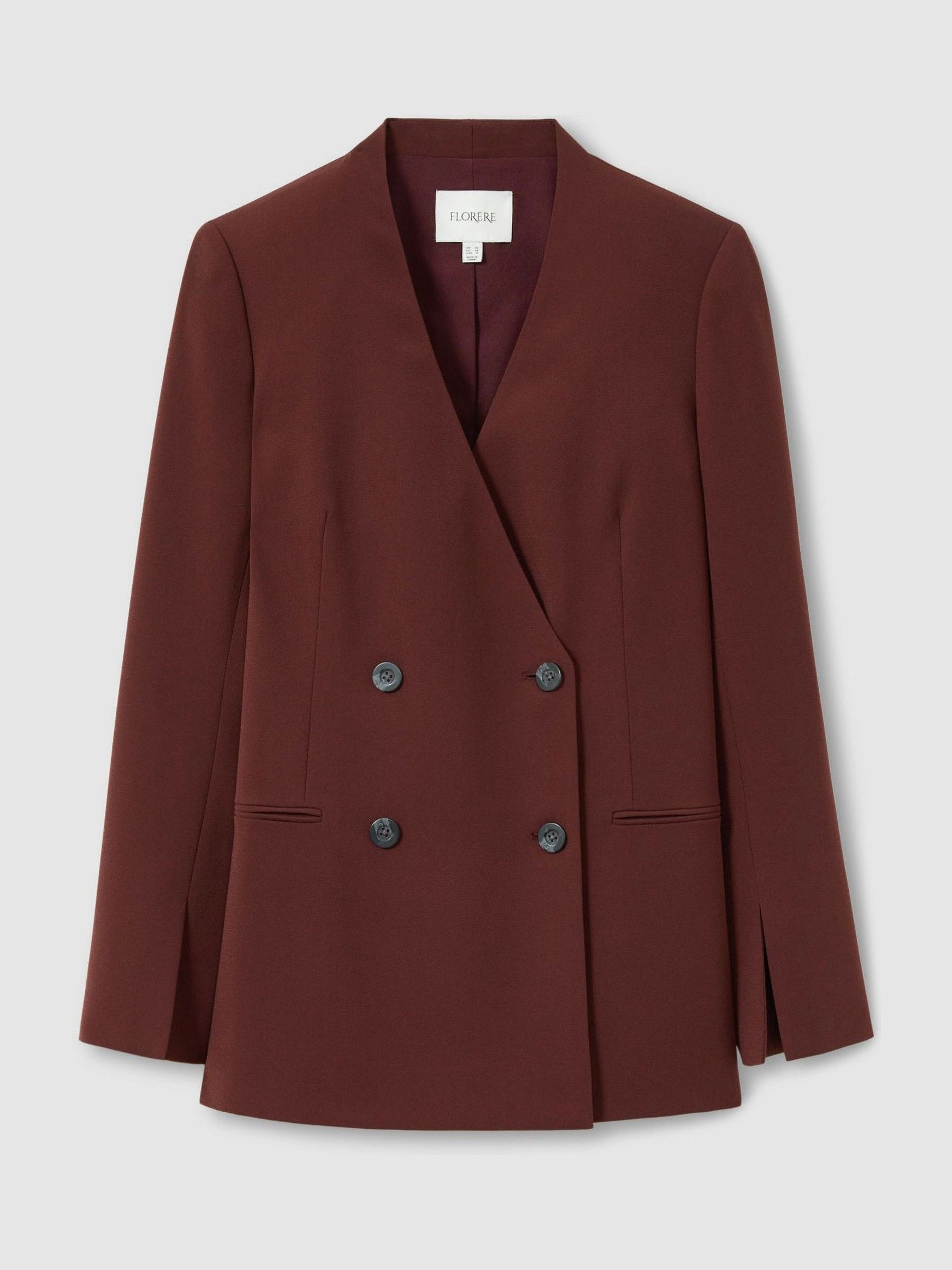 Reiss Florere Burgundy Collarless Double Breasted Blazer In Burgundy reiss-florere-burgundy-collarless-double-breasted-blazer-in-burgundy