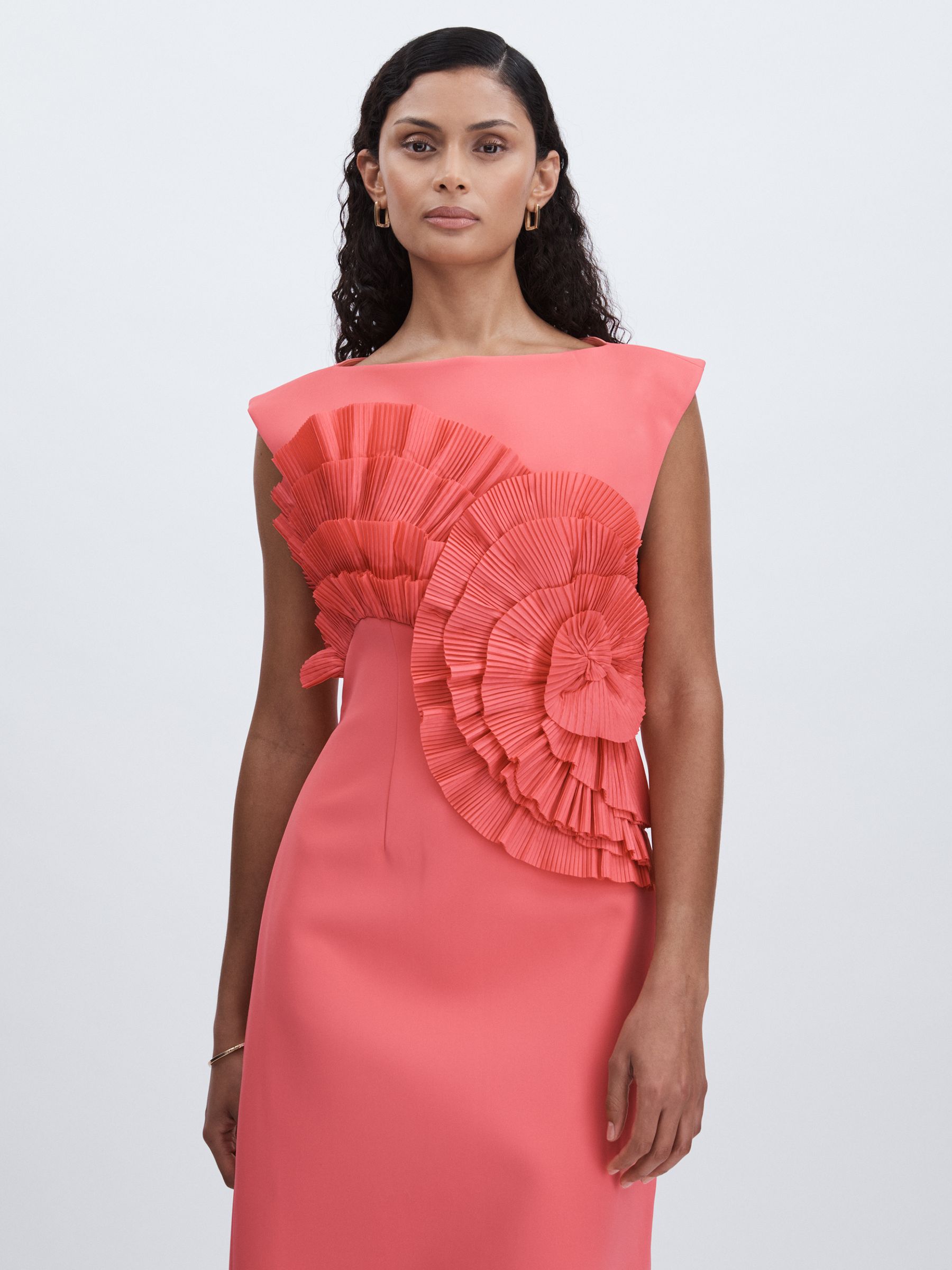 Acler Pleated Ruffle Fitted Midi Dress in Red - Image 1 of 6