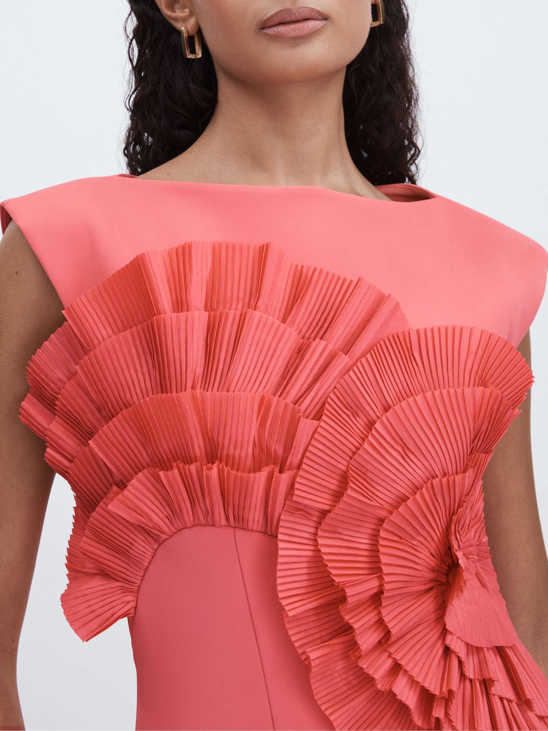 Acler Pleated Ruffle Fitted Midi Dress in Red - Image 3 of 6