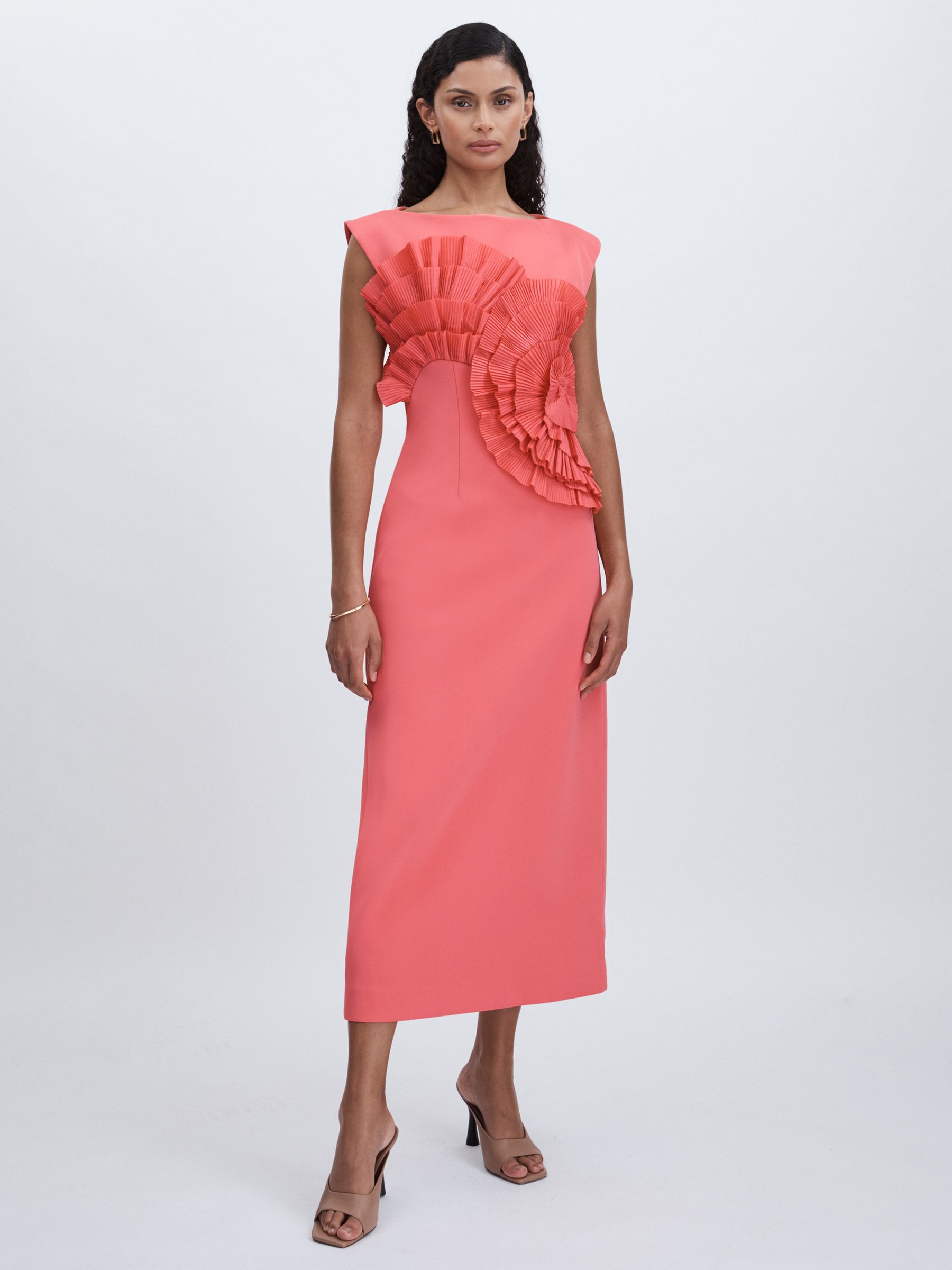 Acler Pleated Ruffle Fitted Midi Dress in Red - Image 4 of 6