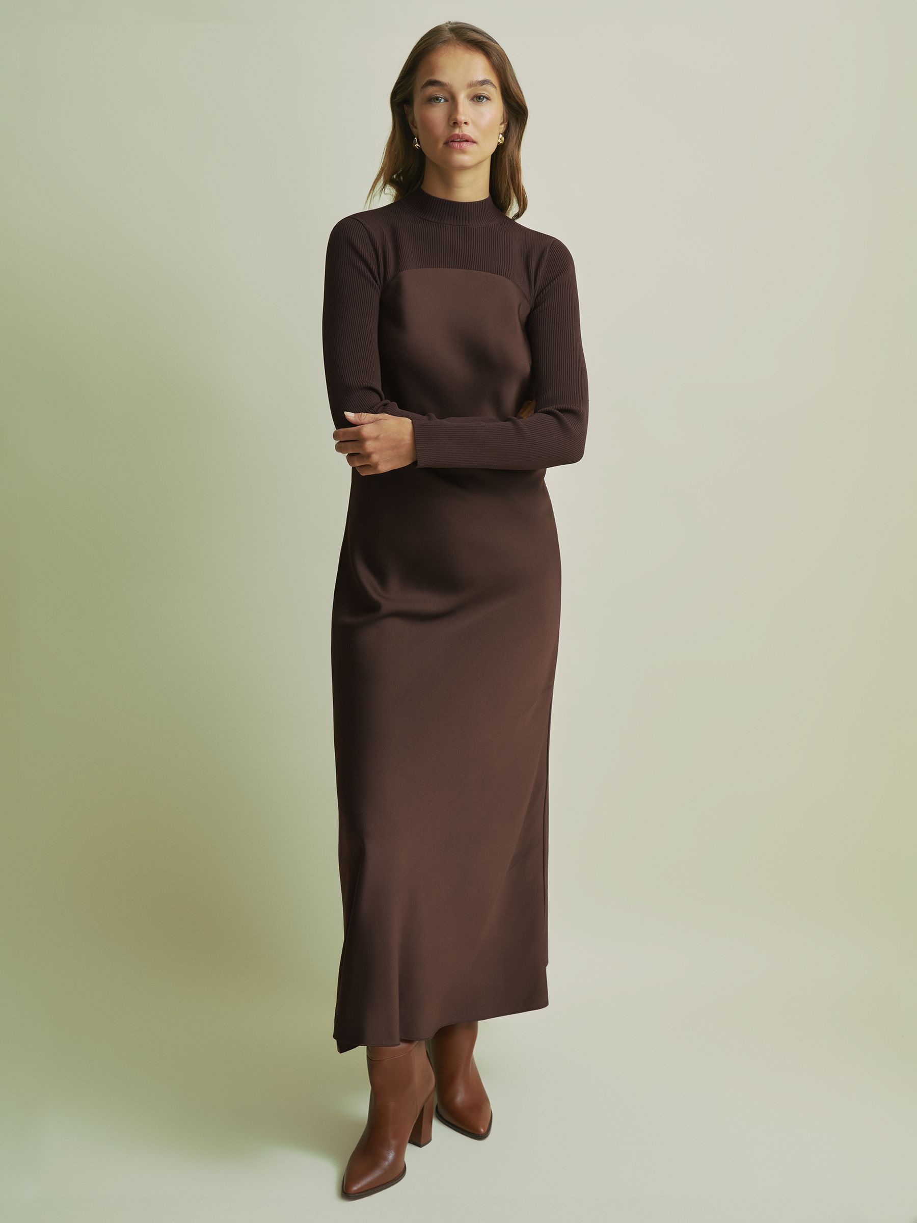Florere Hybrid Knit Midi Chocolate Dress in Chocolate - Image 1 of 6