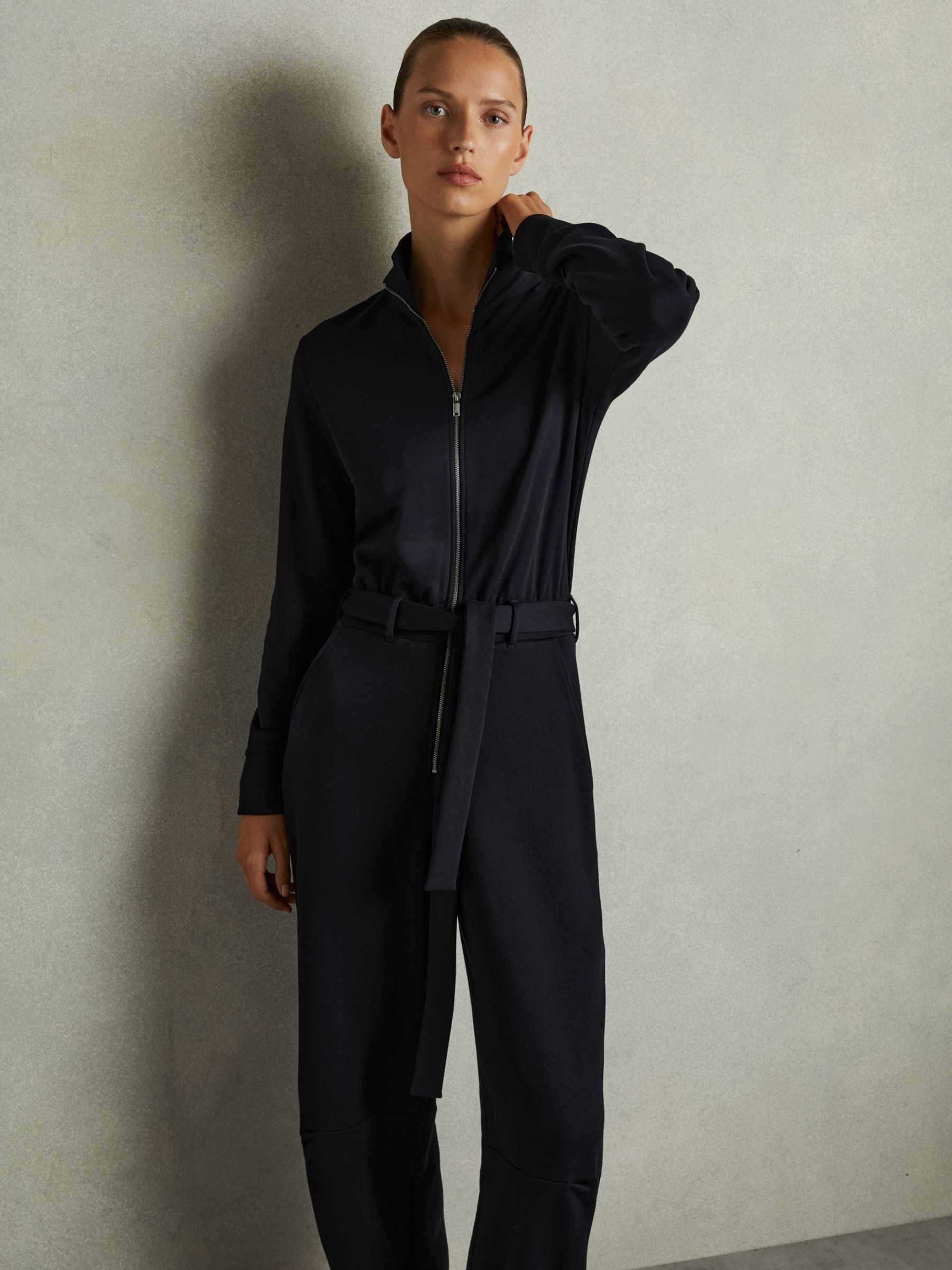 Belted Loopback-Jersey Jumpsuit in Navy - Image 3 of 6