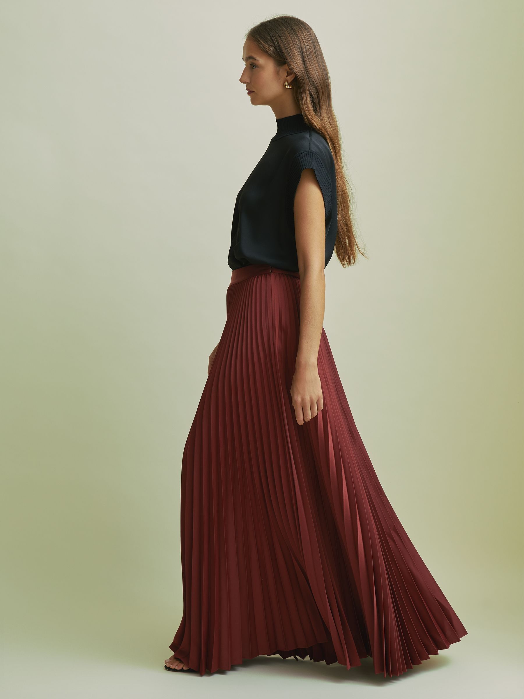 Florere Cinnamon Pleated Satin Maxi Skirt in Cinnamon - Image 3 of 6