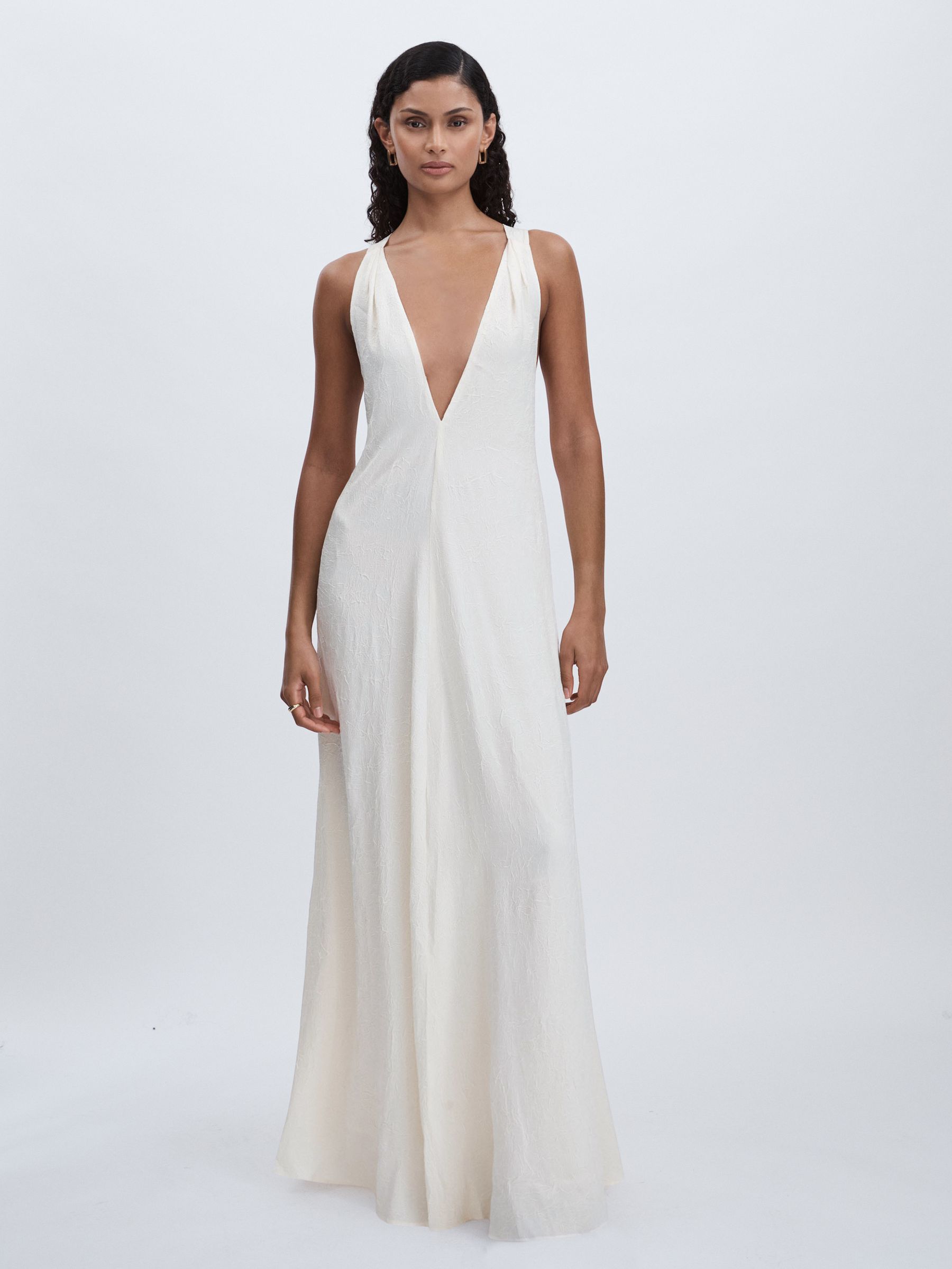 Crinkle-Satin Deep-V Maxi Dress in Ivory - Image 1 of 6