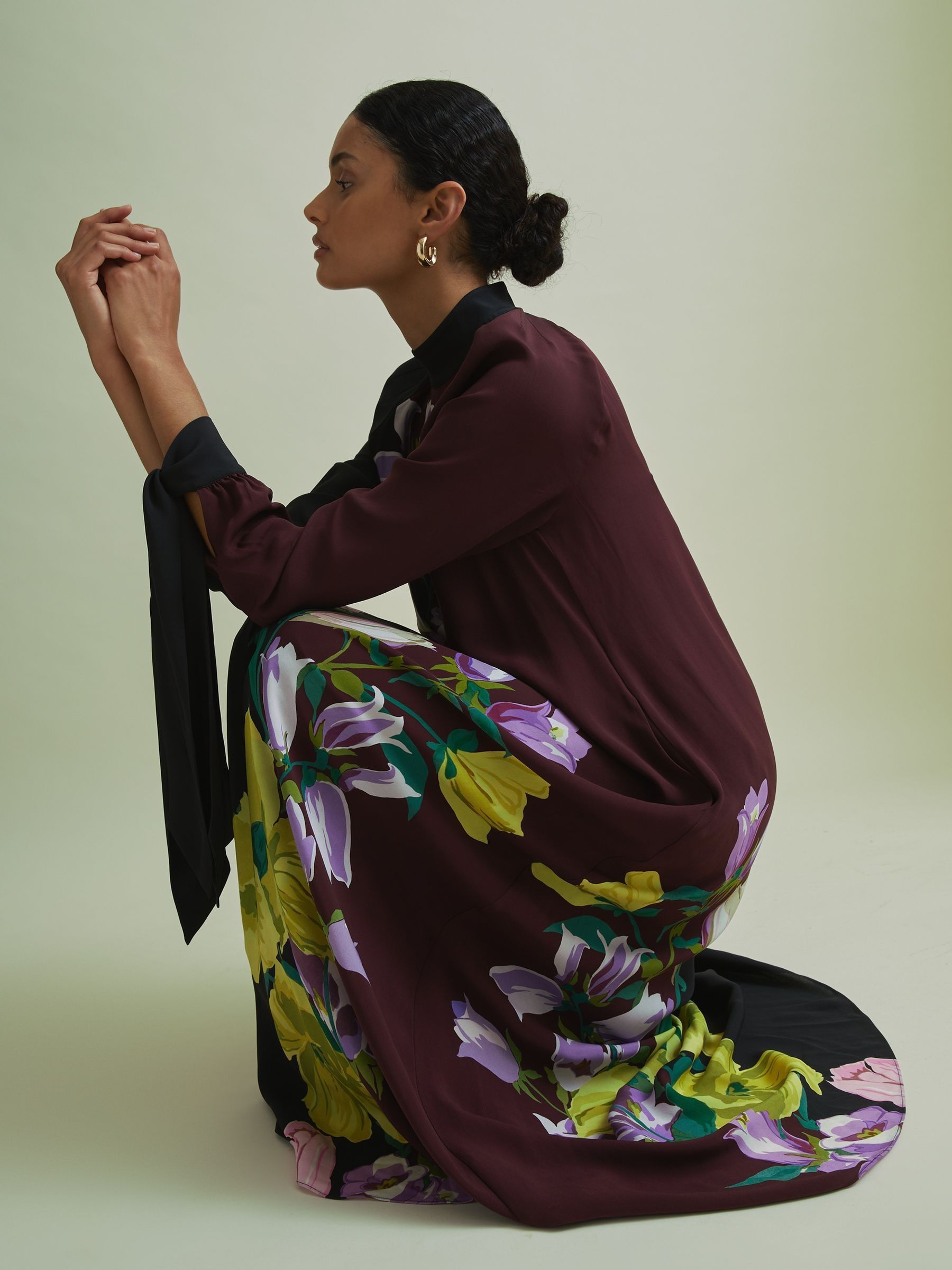 Florere Tie Cuff Maxi Column Dress in Purple/Black - Image 3 of 7