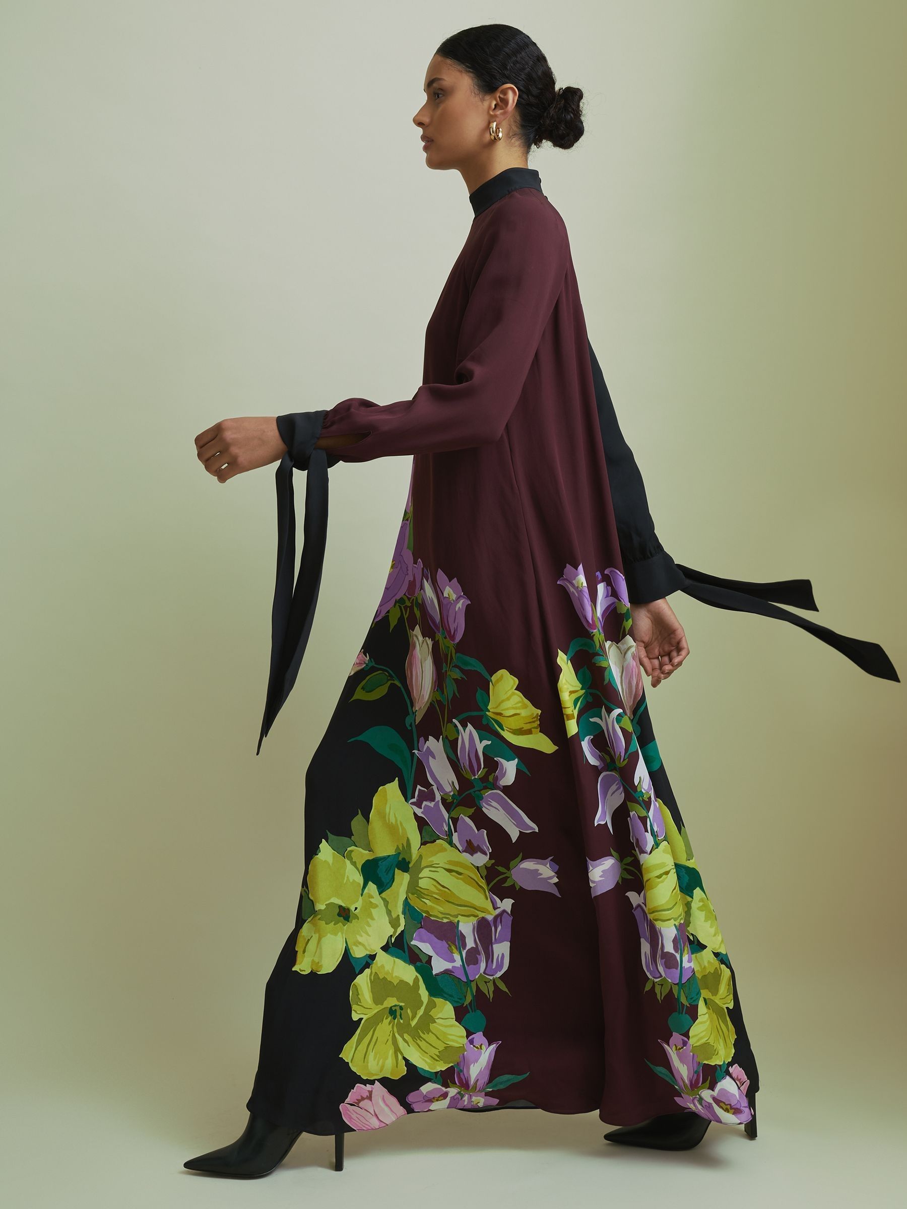 Florere Tie Cuff Maxi Column Dress in Purple/Black - Image 4 of 7