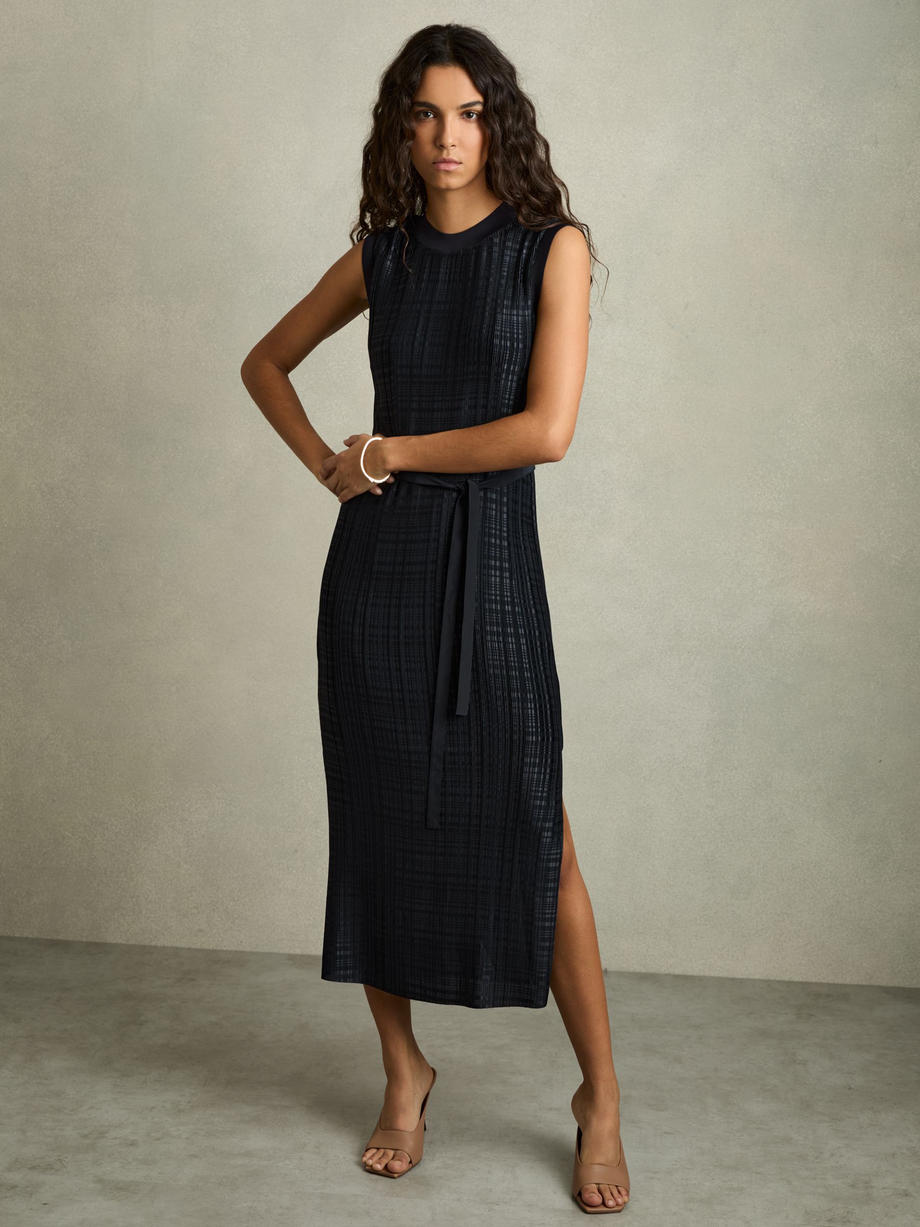 Pleated Column Midi Dress in Navy - Image 1 of 6