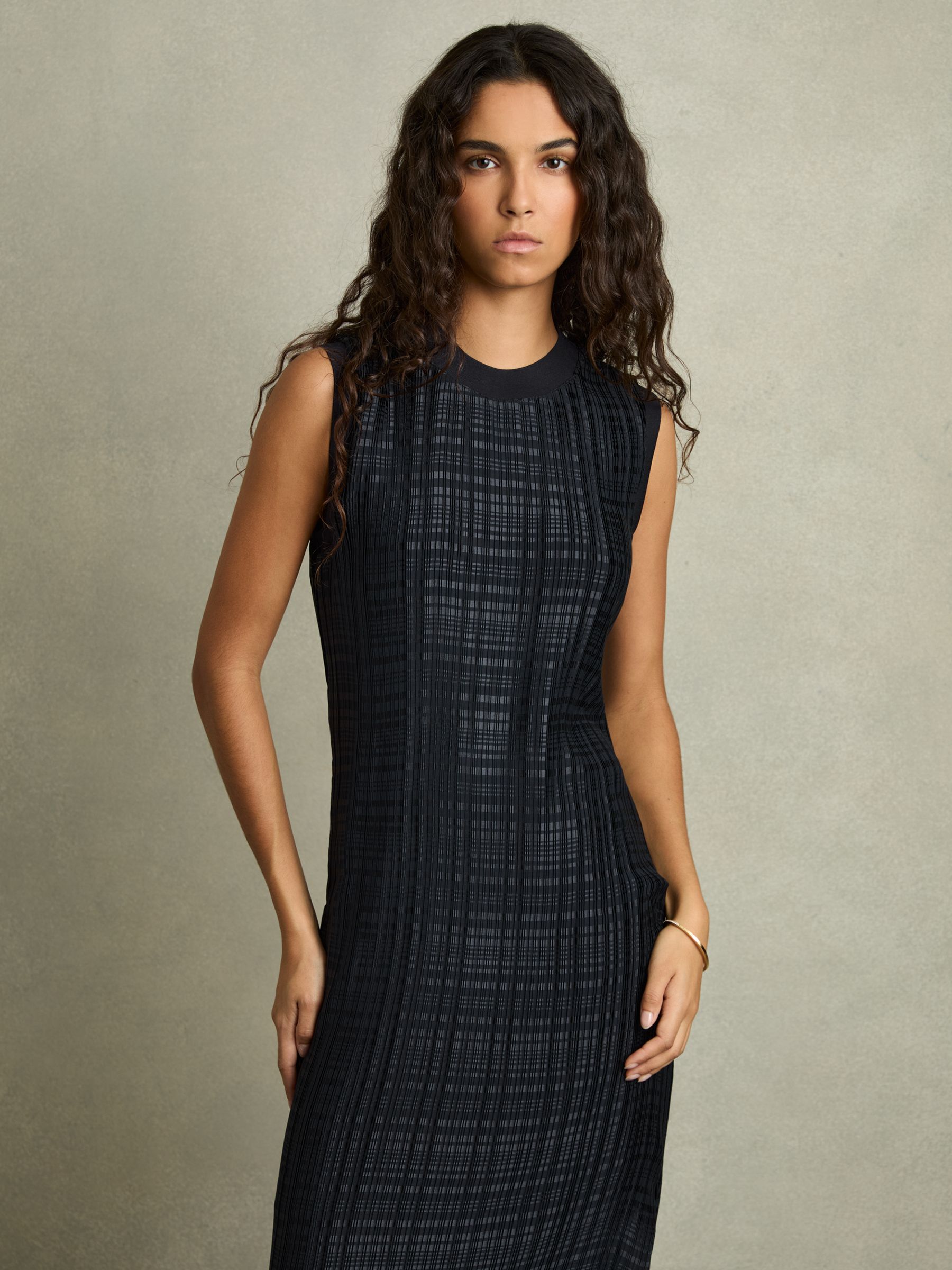 Pleated Column Midi Dress in Navy - Image 3 of 6