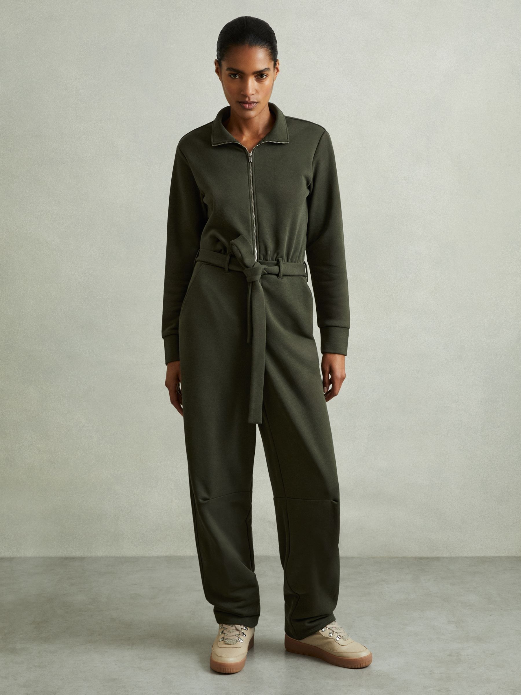 Belted Loopback-Jersey Jumpsuit in Khaki - image 3