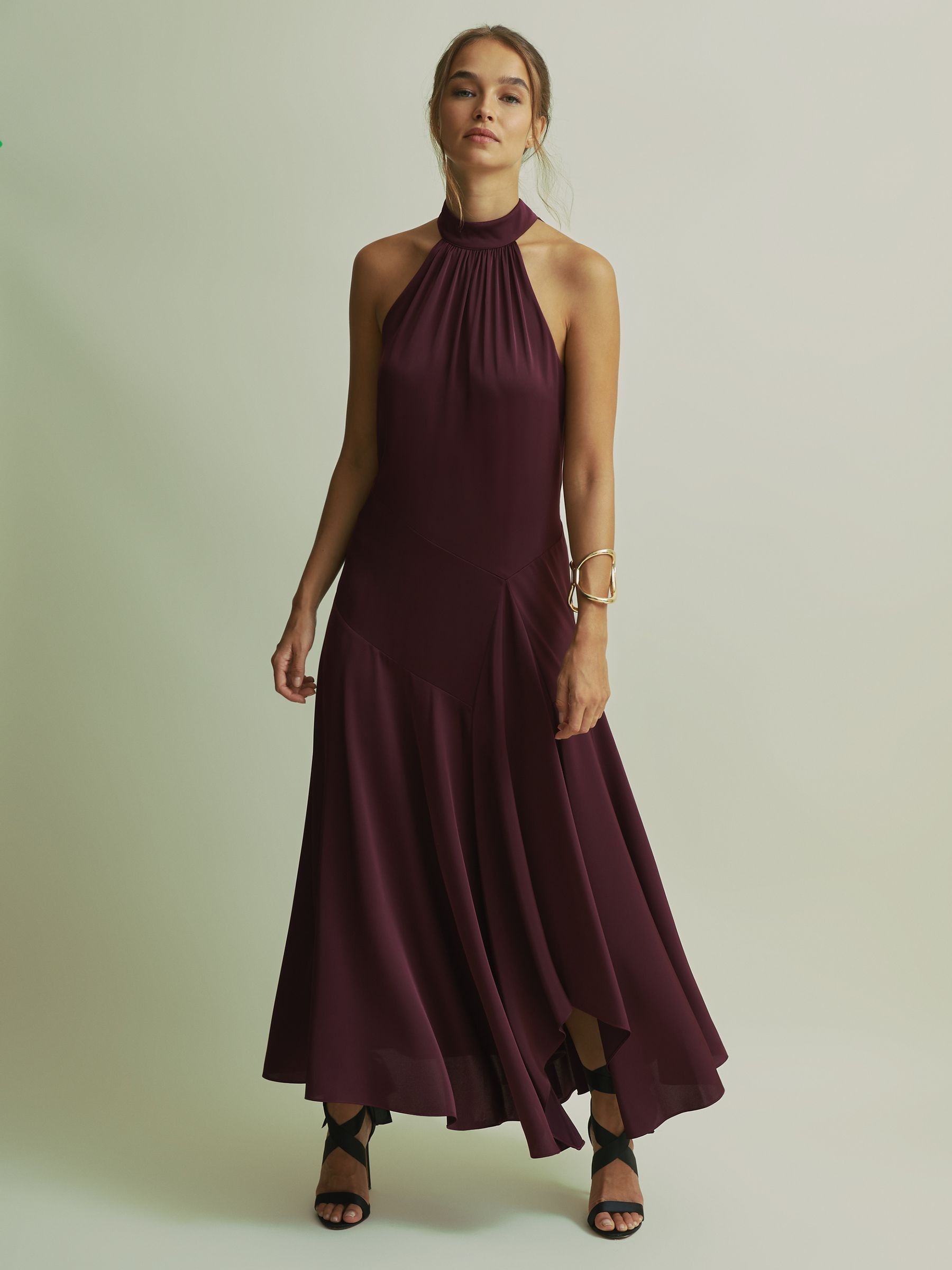 Florere Halter Neck Asymmetric Midi Dress in Burgundy - Image 1 of 6