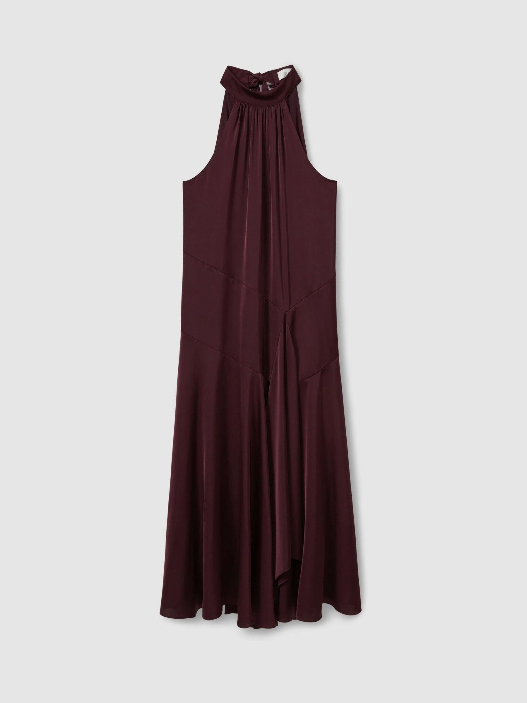 Florere Halter Neck Asymmetric Midi Dress in Burgundy - Image 2 of 6