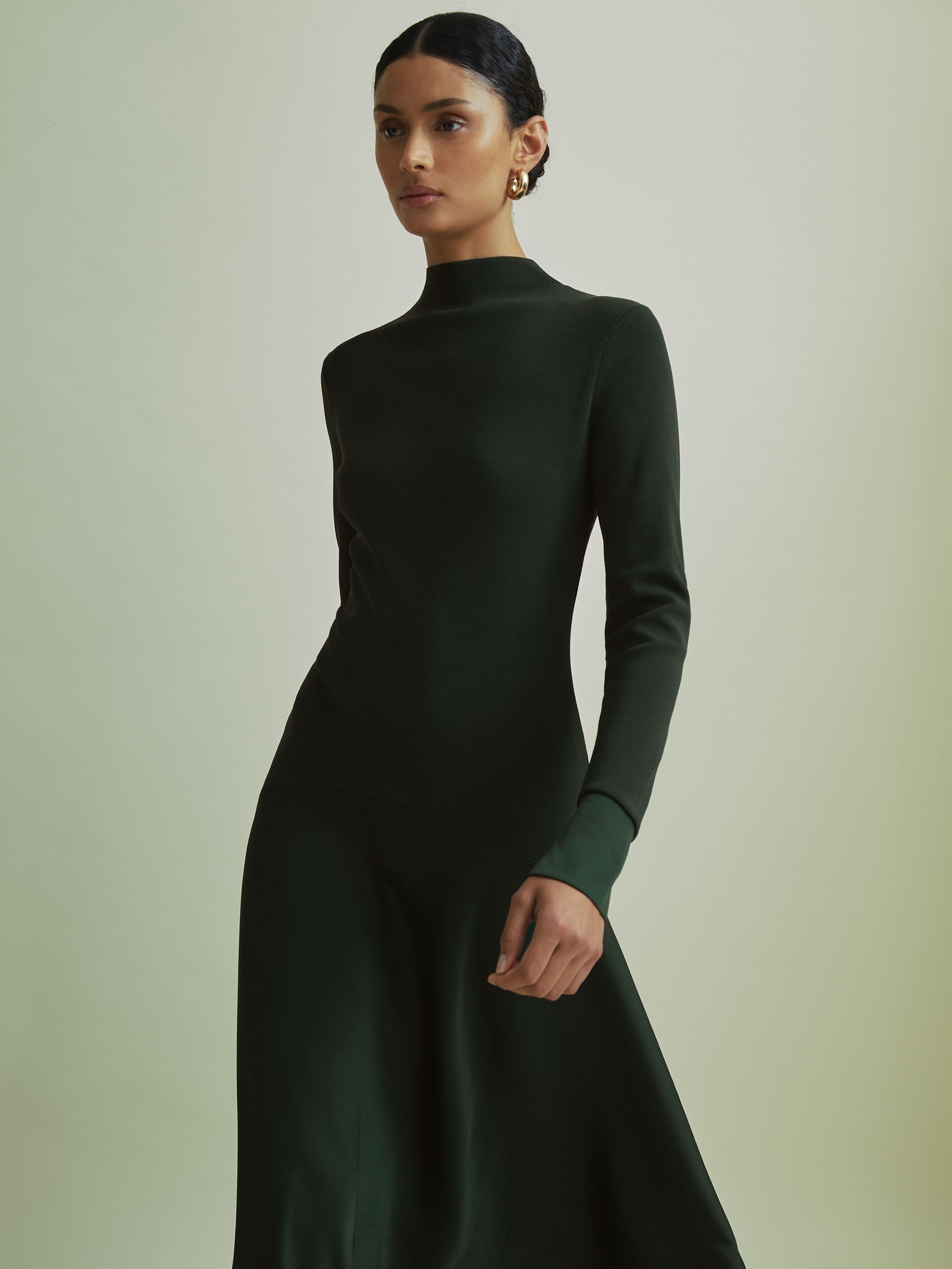 Florere Hybrid Knit-Satin Midi Dress in Dark Green - image 3