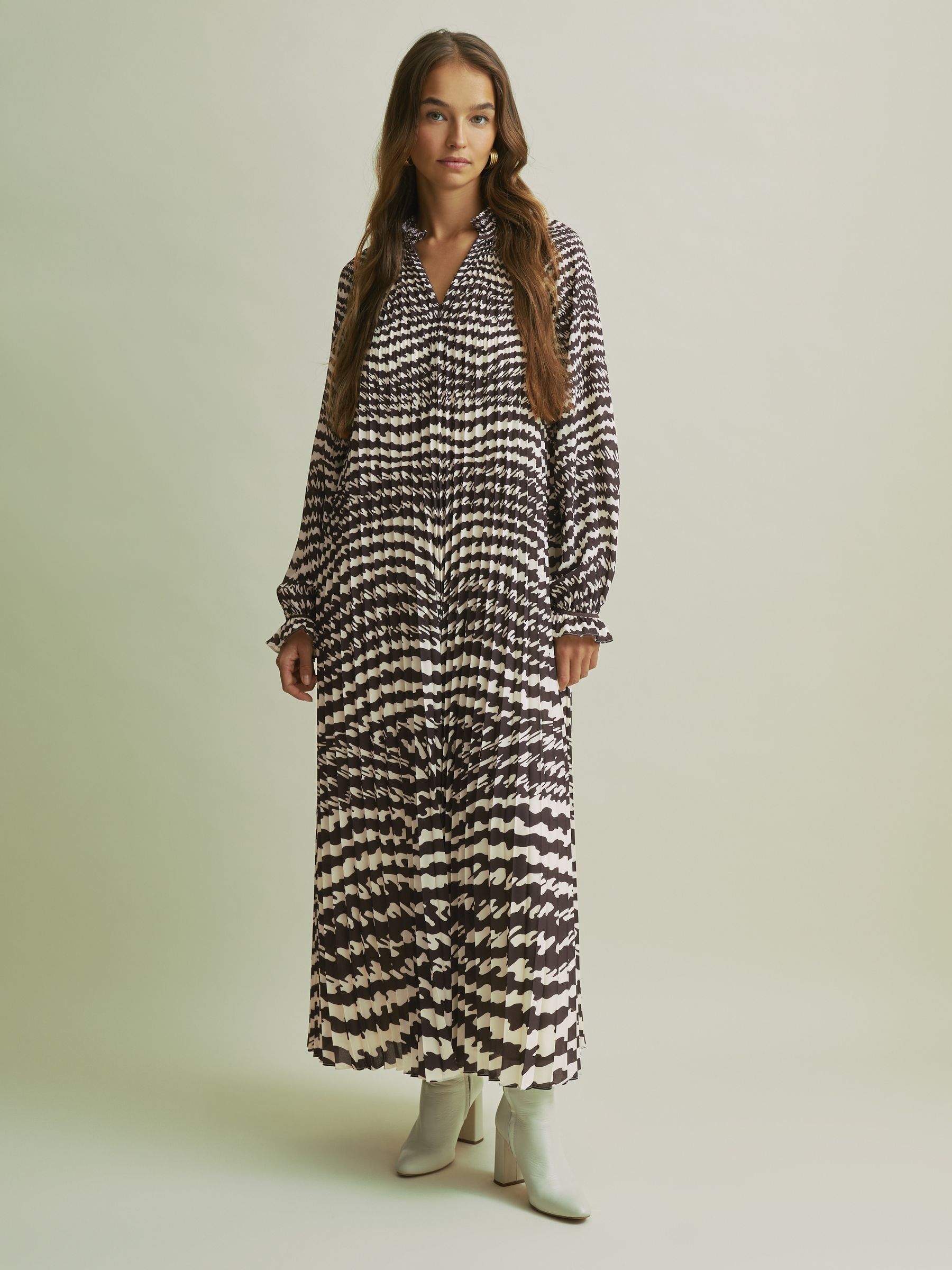Florere Pleated Frill Midi Dress in Chocolate - Image 1 of 8