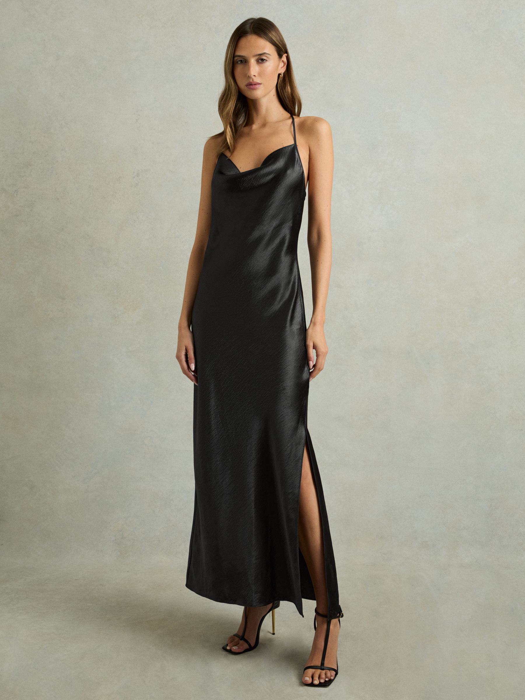 Satin Cowl-Neck Slip Dress in Charcoal - Image 1 of 5