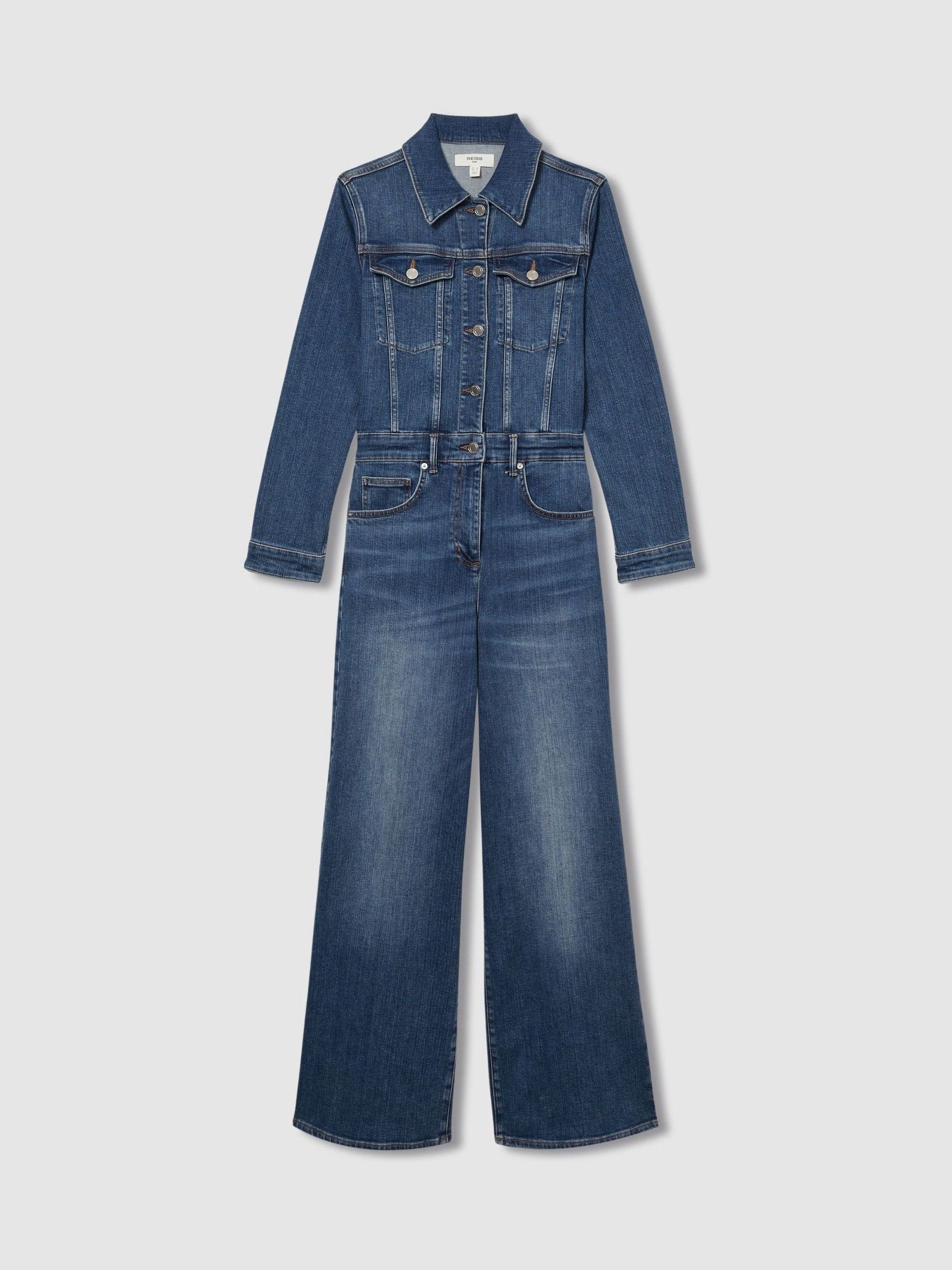 Cotton-Blend Denim Relaxed-Fit Jumpsuit in Mid Blue - Image 2 of 7