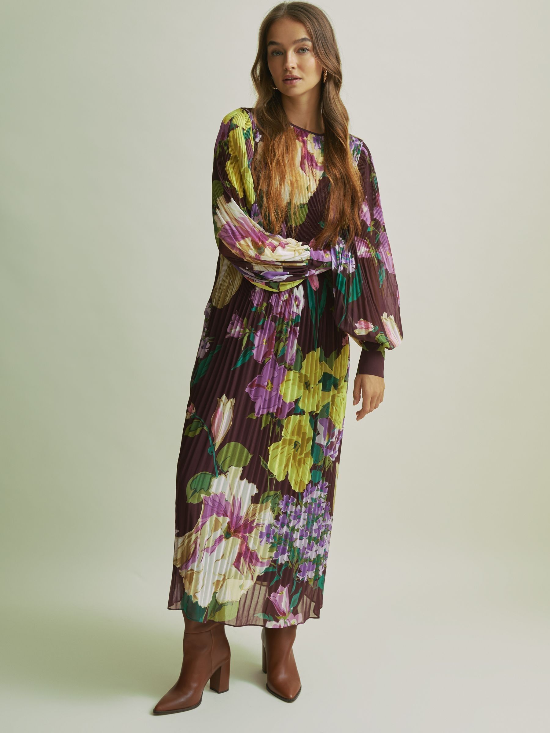 Florere Pleated Blouson Sleeve Midi Dress in Purple - Image 1 of 8